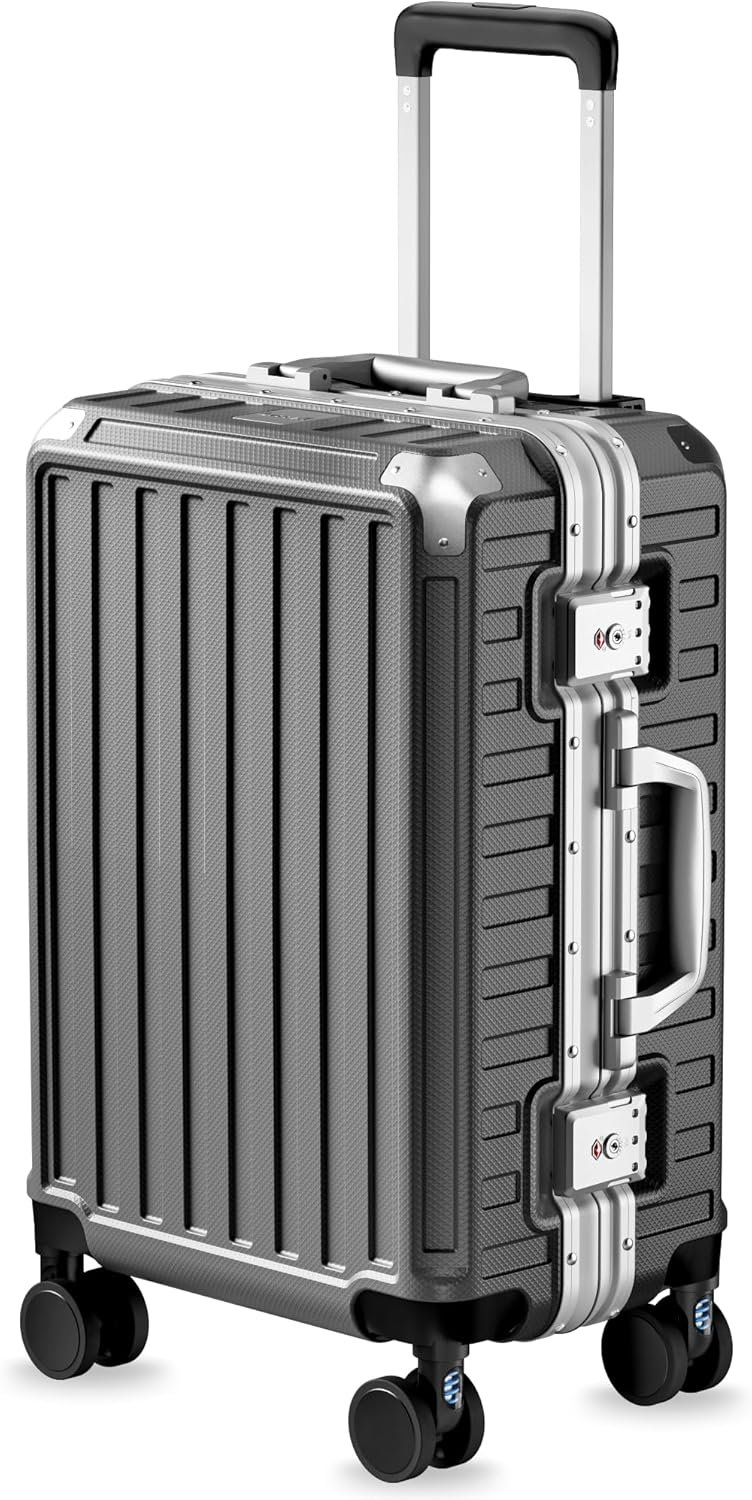 Carry On Luggage with Spinner Wheels, 8010S Aluminum Frame Zipperless Polycarbonate Hard Shell Suitcase (ZX-Core, Charcoal Metallic, 20 Inch)