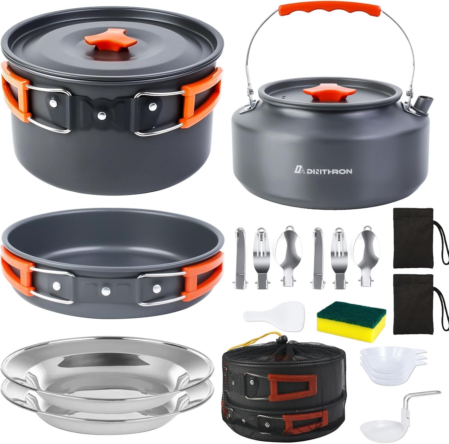 18-Piece Camping Cookware Set, 2.8L Large Pot Camping Cookware Set with Pots and Pans, Stainless Steel Plates Forks Knives Spoons Kettle, Utensils for Camp Cook,Backpacking, RV&Picnic