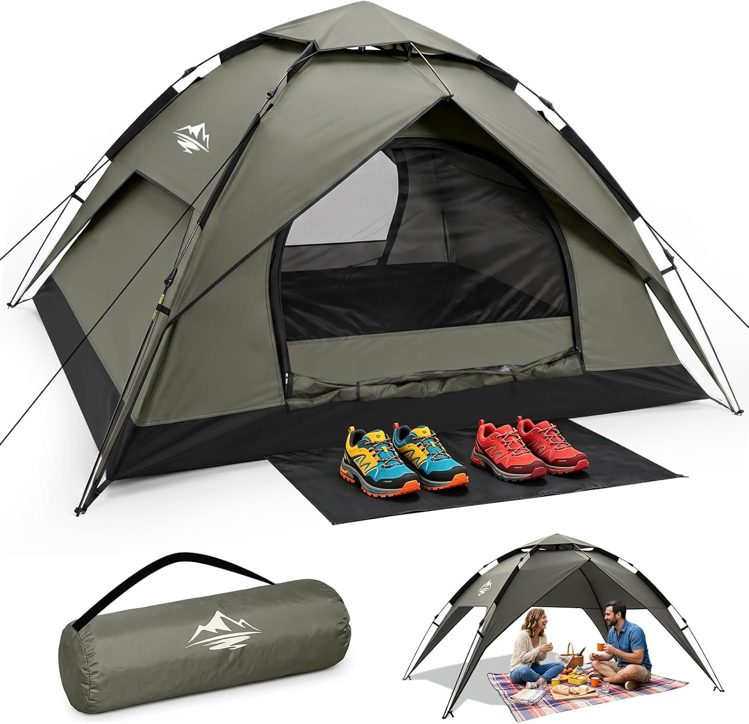 Camping Tent 2/3/4 Person Instant Pop Up Tents for Camping – 40s Automatic Easy Setup Tent with Rainfly, Double-Layer Waterproof & Windproof Instant Tents with Welcome Mat for Camping & Hiking