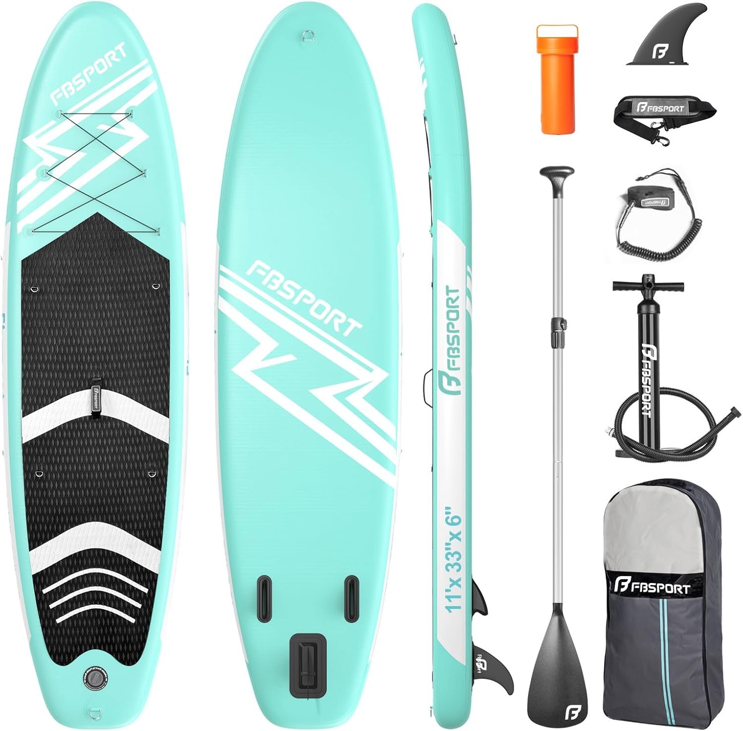 FBSPORT 11′ Premium Stand Up Paddle Board, Yoga Board with SUP Accessories & Carry Bag | Wide Stance, Surf Control, Non-Slip Deck, Leash, Paddle and Pump for Youth & Adult