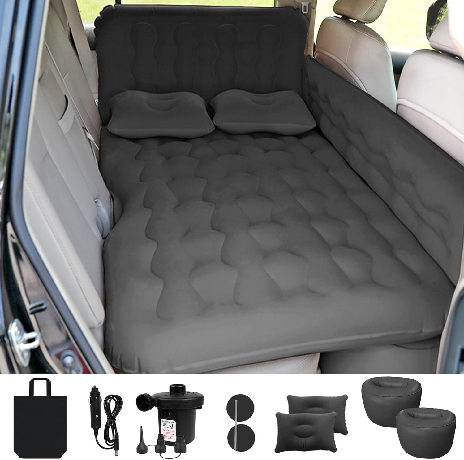 Car Bed SUV Air Mattress, Car Air Mattress with Electric Pump, 2 Inflatable Pillows and 2 Footrests for Back Seat, Side Seat,Trunk Sleeping, Thickened Camping Bed – Black