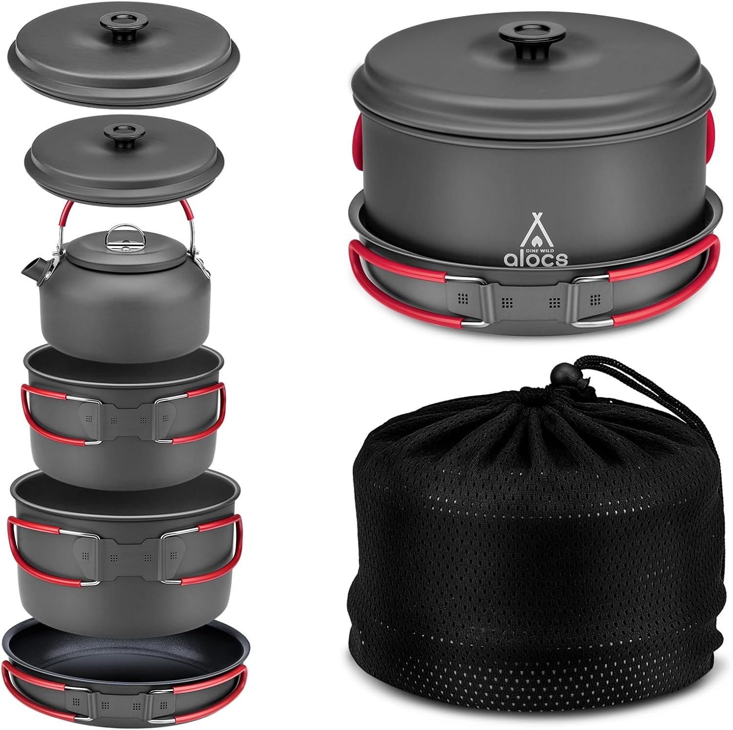 Alocs Camping Cookware Set Camping Gear, Compact Camping Pots and Pans Set, Durable Hard Alumina Camping Cooking Set for Outdoor Backpacking Camping Hiking Picnic, Included Mesh Carry Bag