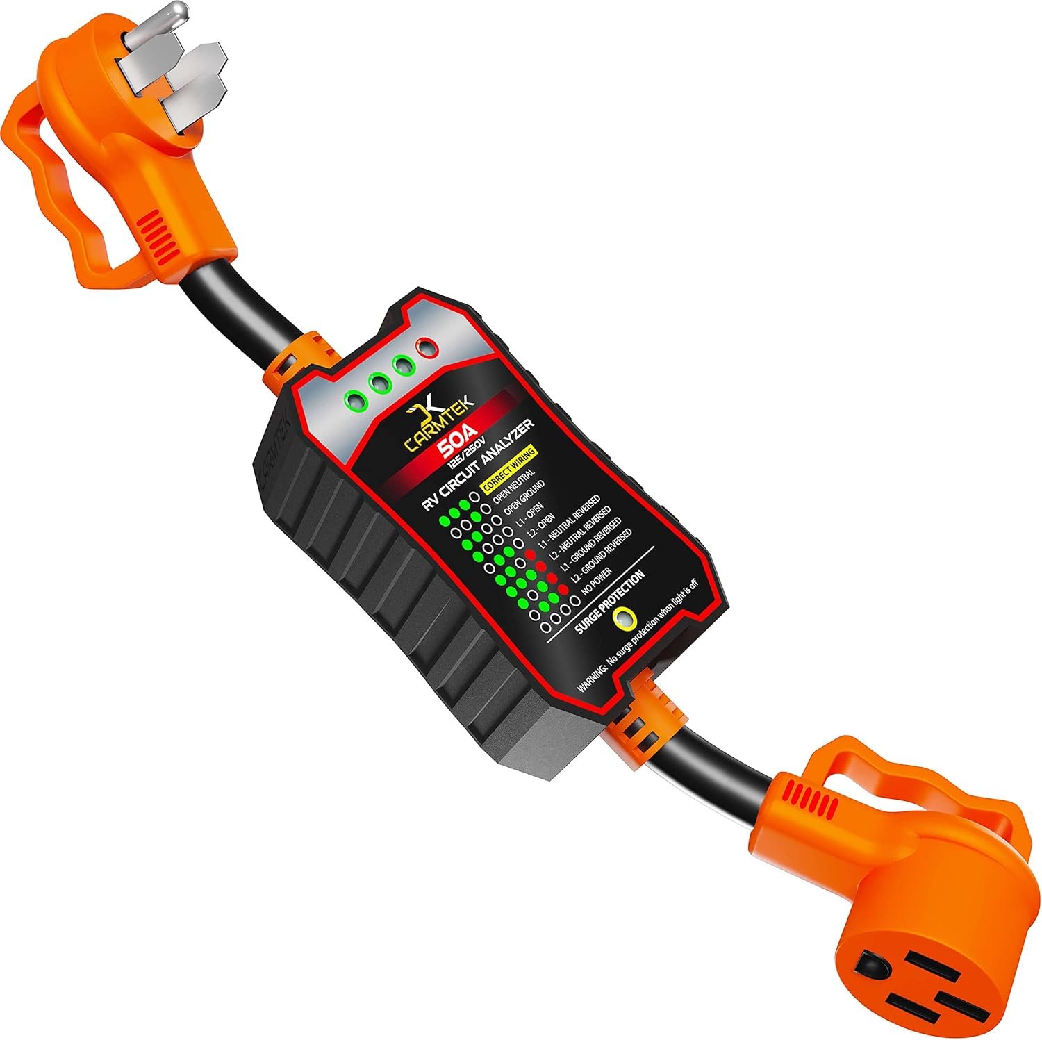 CARMTEK RV Surge Protector 50 Amp – RV Circuit Analyzer with Integrated Surge Protection – Smart 50 Amp Surge Voltage Defender with Grip Handles