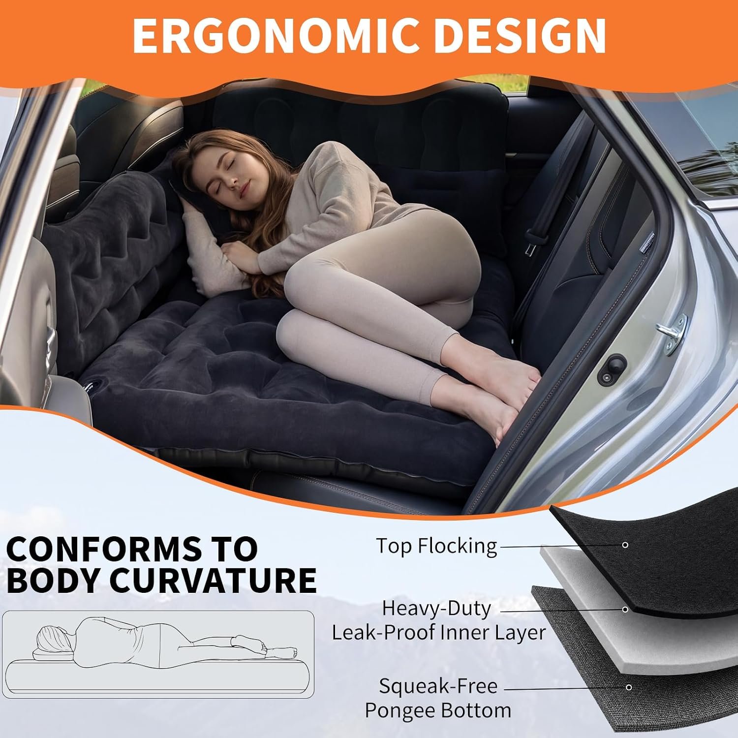 Car Air Mattress Bed – Inflatable Back Seat Air Mattress with Upgraded Wear-Resistant Pongee Bottom, Thick Camping Sleeping Pad with 2 Pillows & Air Pump, Fits Sedan/Truck/SUV, Black