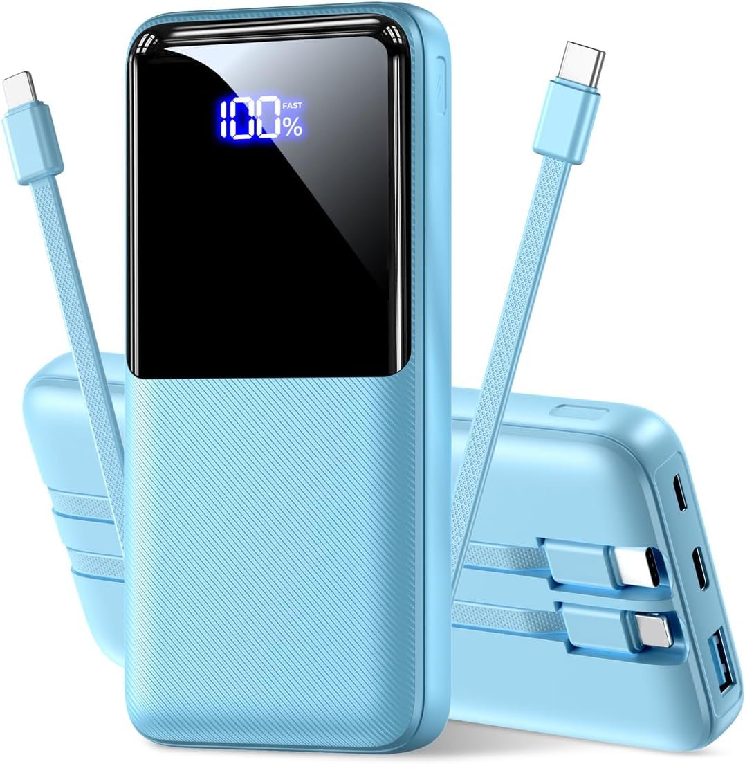 Portable Charger Power Bank, 50% Larger Capacity 20000mAh Battery Pack with Built in Cable, 22.5W Fast Charging Travel Camping Essential Powerbank for iPhone 17 16 Pro iPad Samsung S26 Google, Ocean
