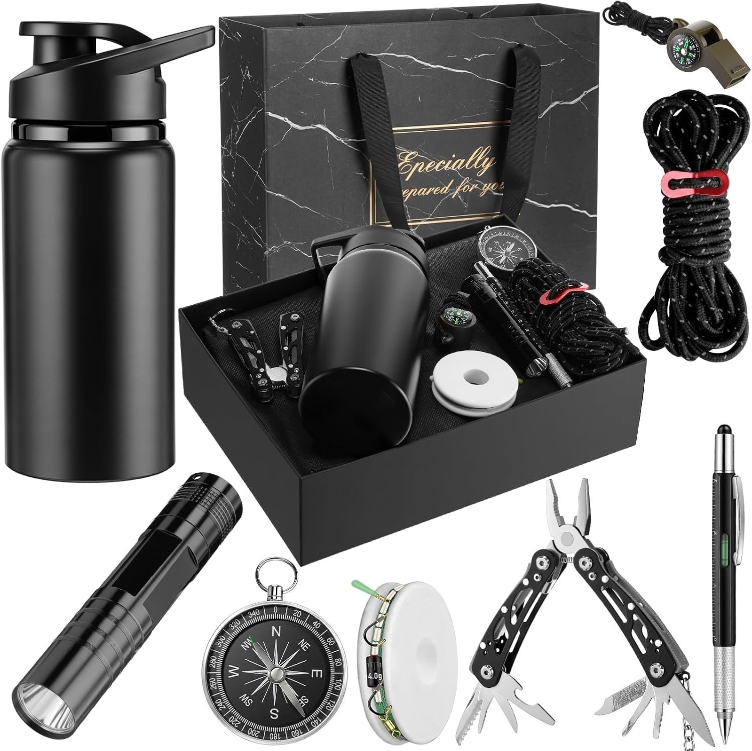 Gifts Set for Men, Father’s Day Birthday Gifts Basket for Men, Survival Gift Box Kit for Mens, 16oz Tumbler Multitool Flashlight Compass, Thank You Present for Him Dad Husband
