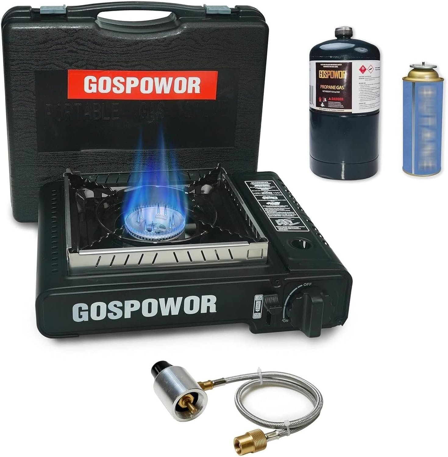 Propane or Butane Stove with Windblocker,Dual Fuel 10,000 BTU Propane Stove for Camping, Automatic Ignition Gas Portable Stove with Propane Adapter Hose Carrying Case for Outdoor (Fuel Not Included)