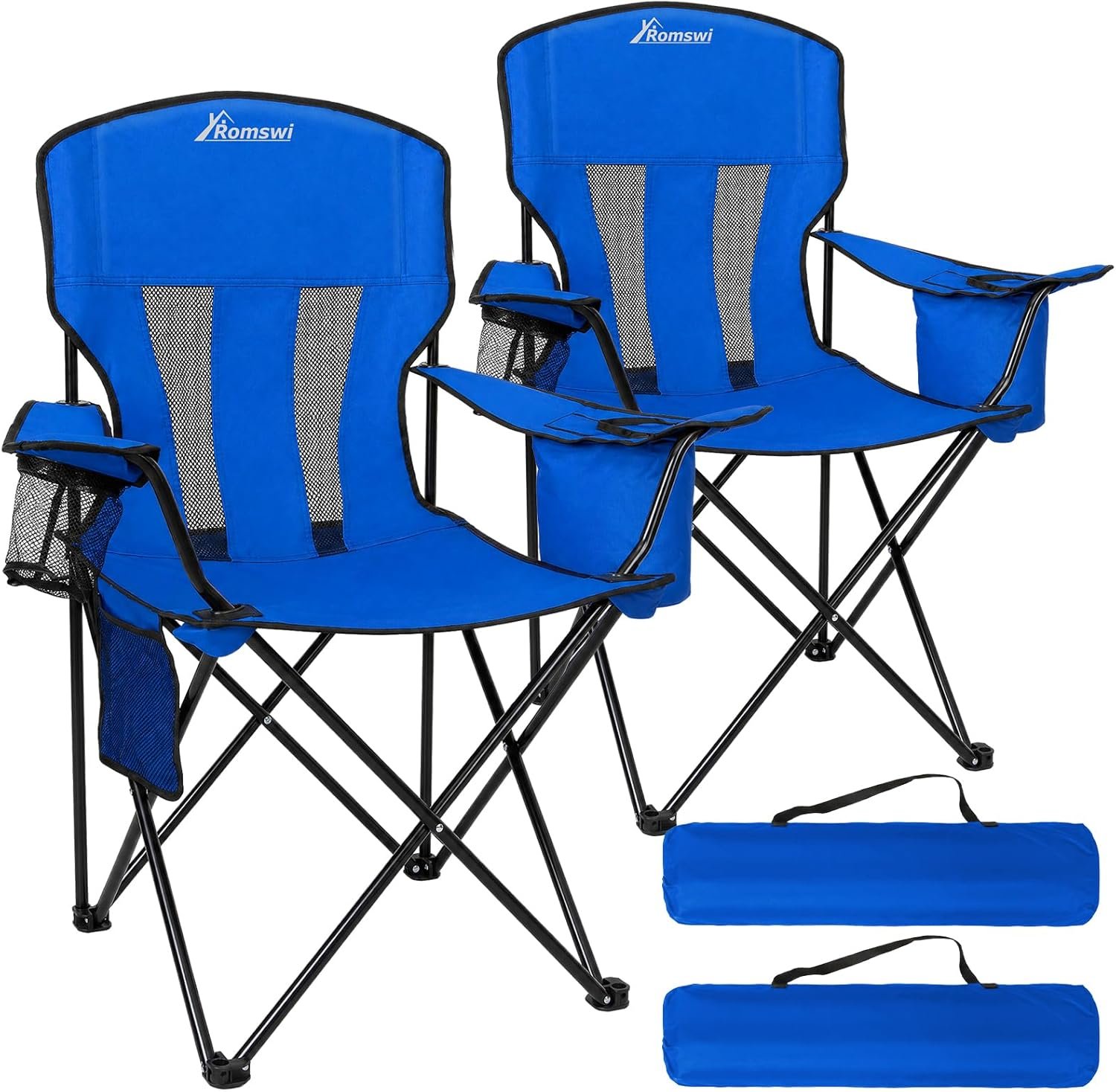 Camping Chairs for Adults 2 Pack, Folding Chair with 4-Can Cooler Bag & Cup Holder, Portable Heavy Duty Outdoor Chair with Mesh Back for Camping, Beach, Lawn, Fishing, Blue