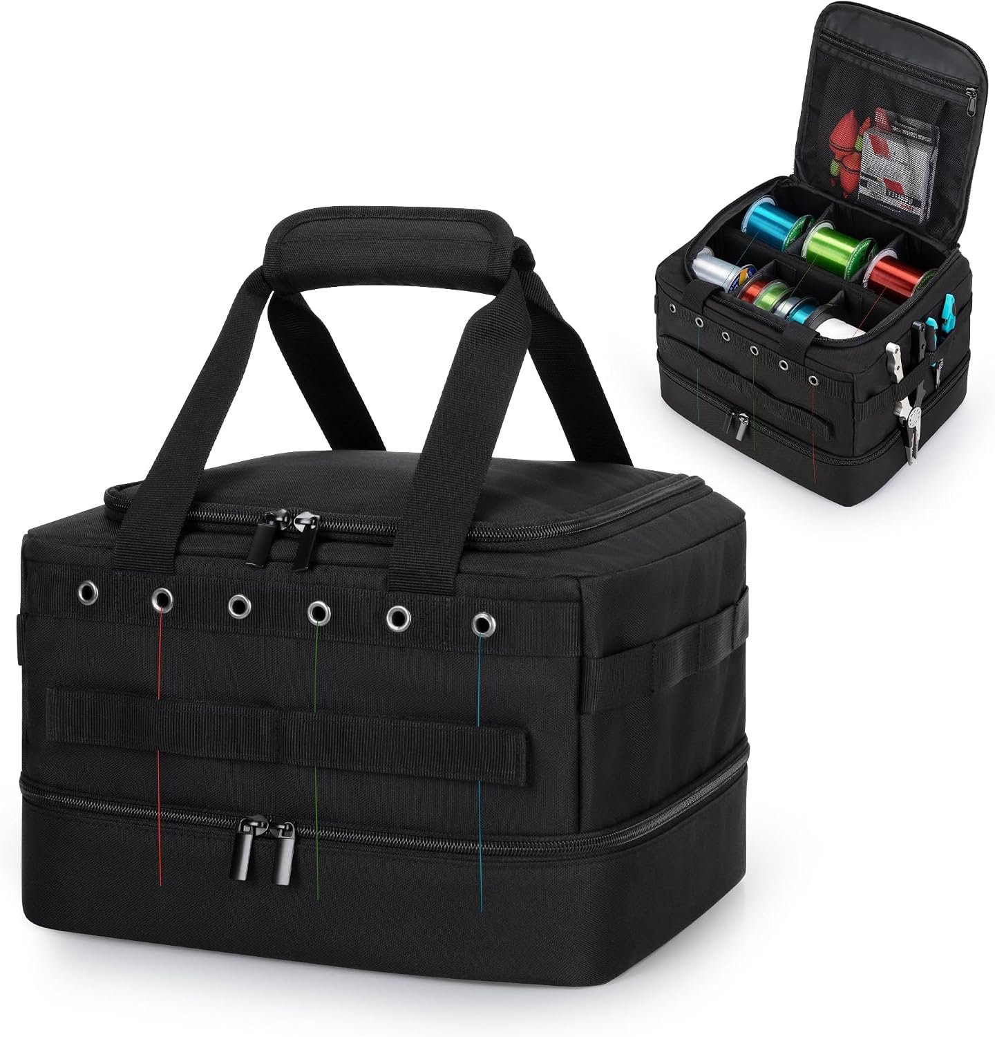 HODRANT Double-layer Fishing Line Storage Bag, Line & Reel Management Case with 5 Removable Dividers & 6 Grommets, Tackle Gear Organizer Tangle-Free Leader Spool Dispenser for Travel & Kayak, Bag Only