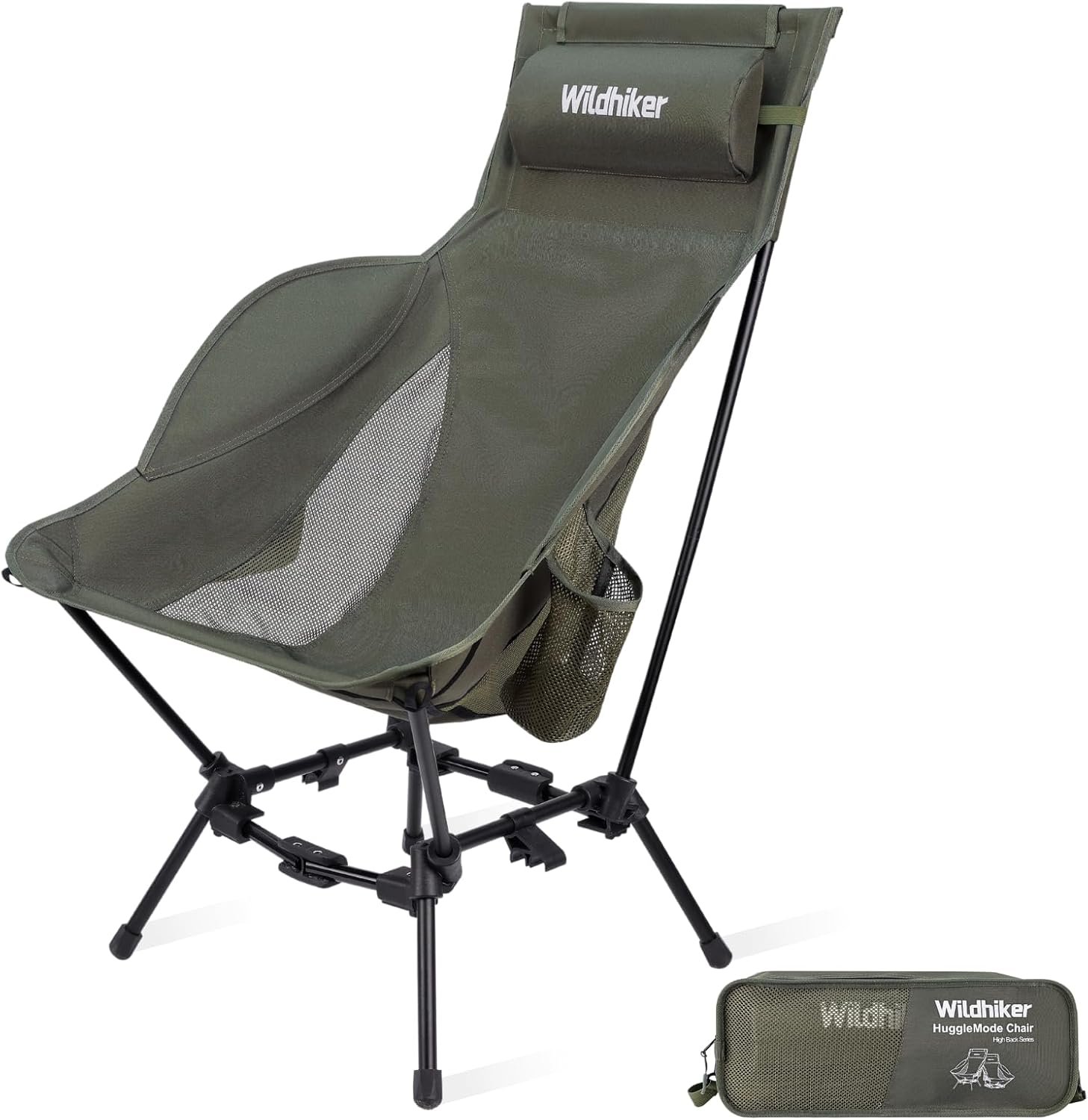 Wildhiker Compact High Back Camping Chair – Foldable with Dual Sitting Modes, Pillow, Arm Pads and Side Pockets – Lightweight Portable Chair for Motorcycle, RV, Festival, Travel – Green