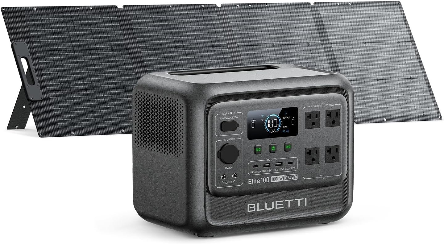 BLUETTI Elite 100 V2 Solar Generator with 200W Solar Panel (Ships Separately), Portable Power Station 1024Wh w/ 4 1800W AC Outlets, 35% Smaller, Ideal for Camping, Emergencies, Backup Power