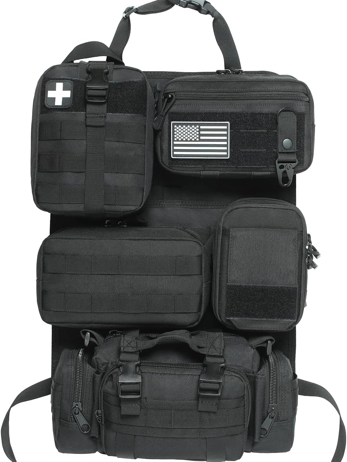 6 Pack Tactical Molle Car Seat Back Organizer – Tactical Vehicle Panel Organizer with 5 Detachable Molle Pouch,US Flag Patch and Keychain,Great Trunk Accessories for Man