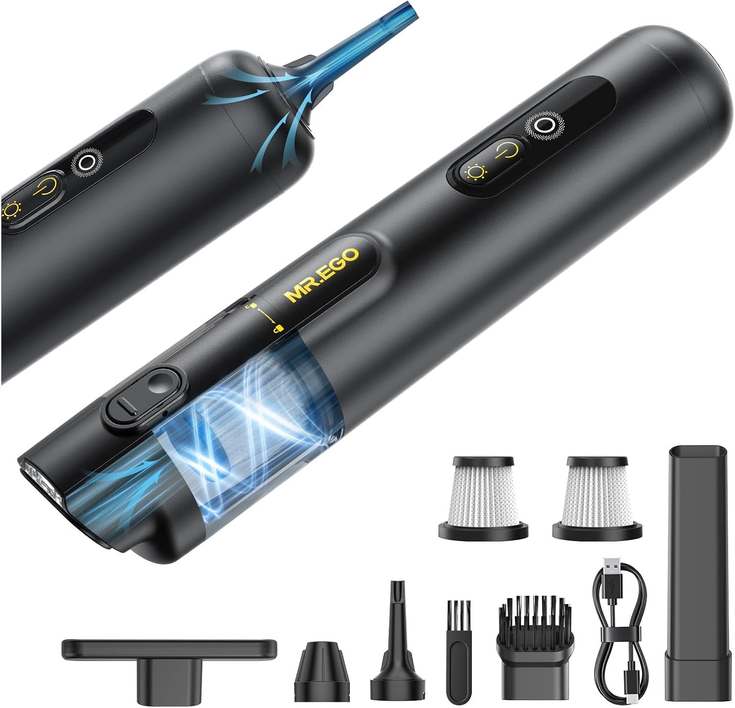 Mr.ego Car Vacuum Portable Cordless, 26000Pa High-Power Handheld Vacuum & Air Duster with Brushless Motor, Multi-Nozzles, Green LED Light & Washable Filter for Car, Home, Office Desk & Keyboards
