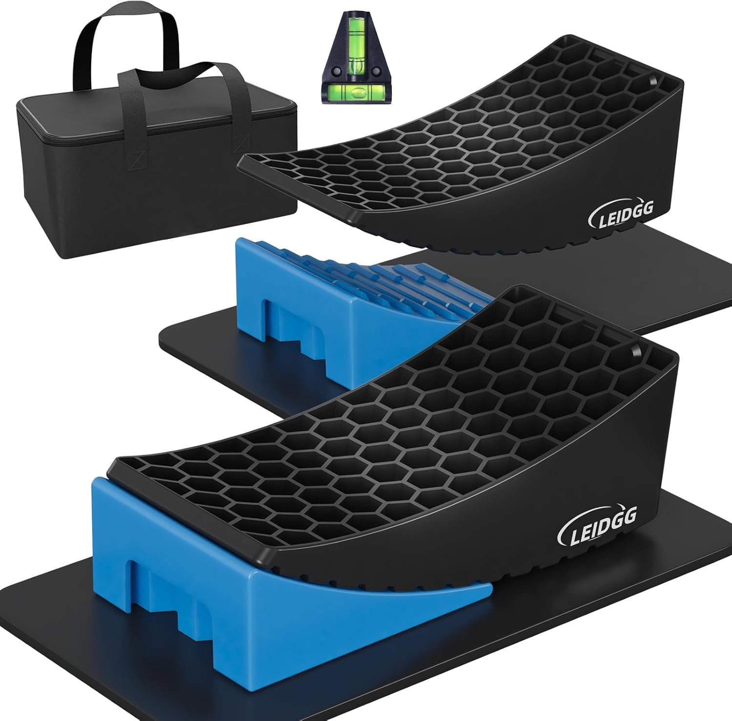 2Packs RV Leveling Blocks System Kit Camper Leveling Blocks for RVS Trailer with Carrying Bag, Anti-Slip Mats, T Bubble Level Up to 35000 LBS Blue