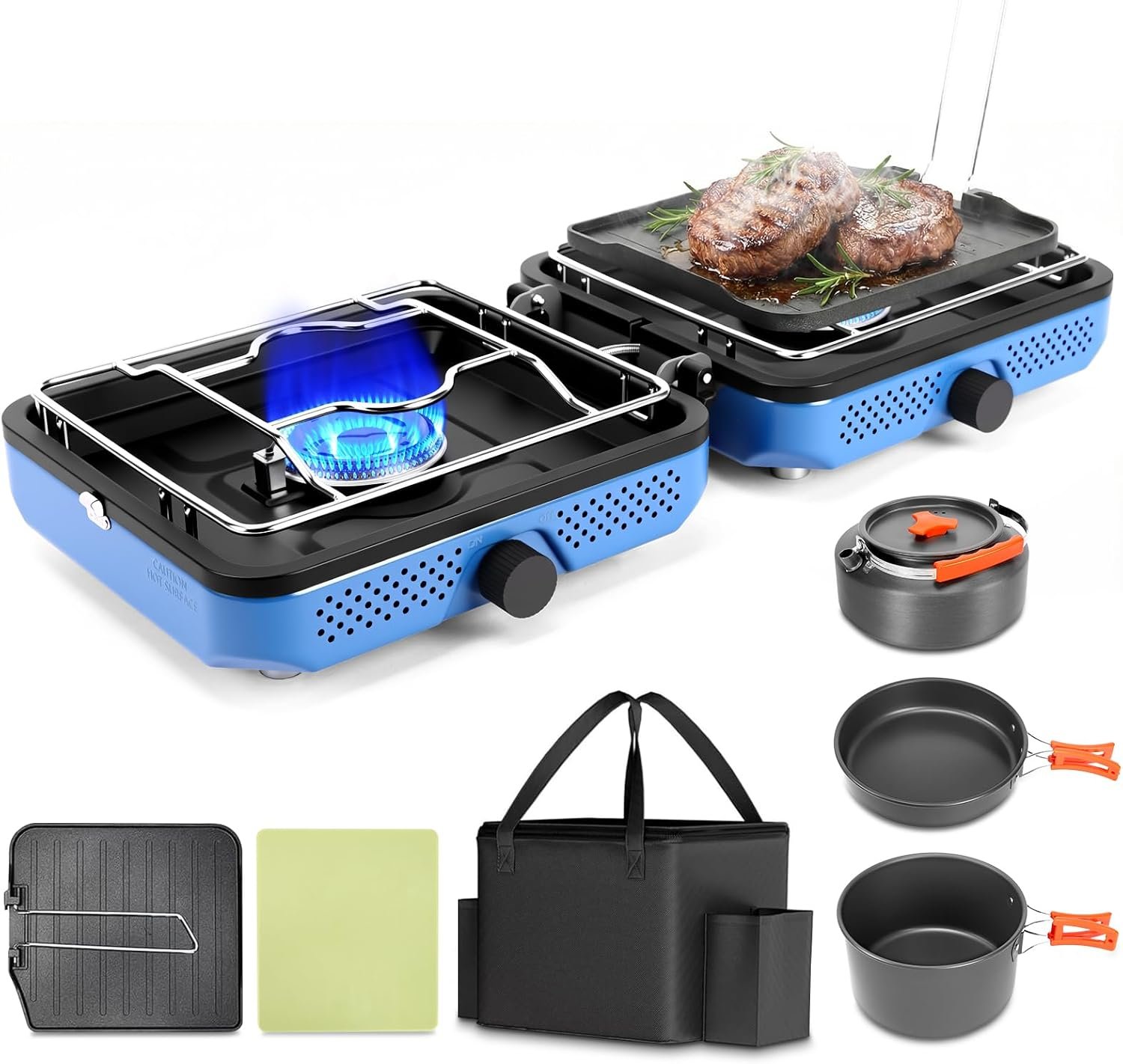 Hisencn 2 Burner Propane Camping Stove, 30000 BTU Foldable Portable Gas Stove with Cookware Set & Carry Bag, Outdoor Cooking for Camping, RV, Emergency Use, Blue