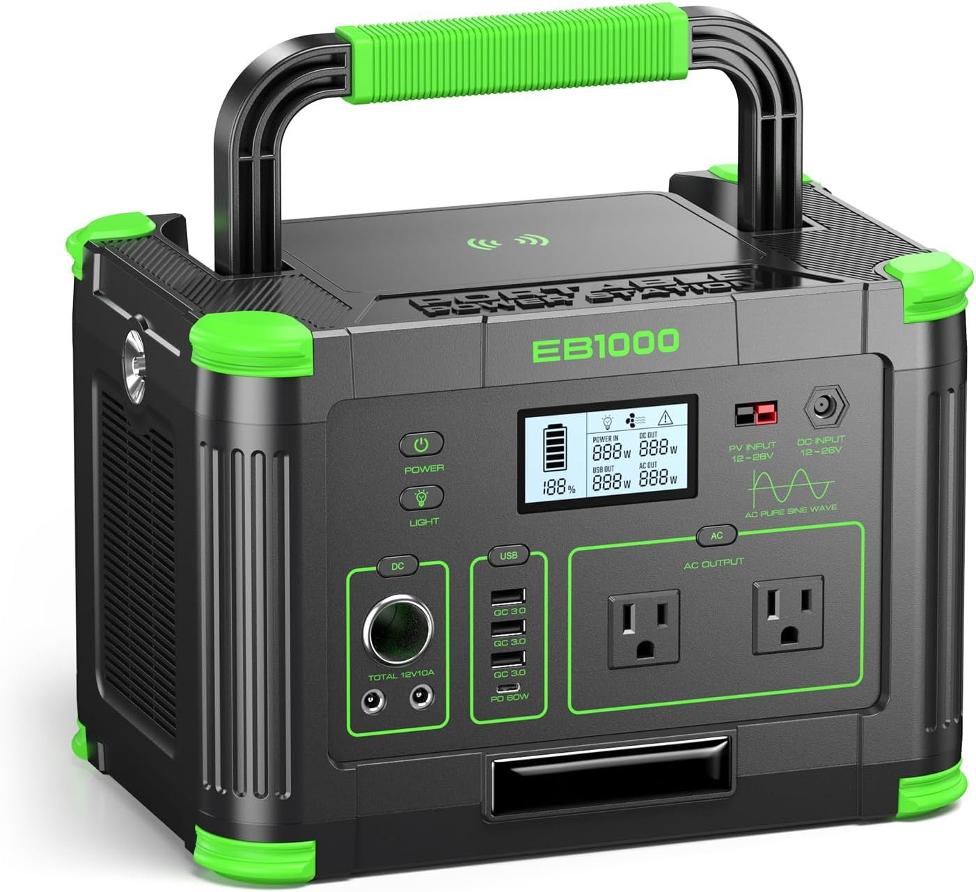 1000W Portable Power Station, 999Wh Solar Generator Backup Battery with Pure Sine Wave, Solar/AC/Car Chargable for Camping, RV, Home Emergency & Outdoor Adventures