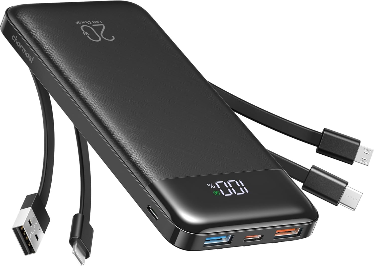 charmast 20000mAh Portable Charger with Built in Cables, 22.5W Travel Power Bank Fast Charging, USB C Cell Phone Battery Pack for iPhone 17/16/15/14/13/12 Series, iPad, Samsung, Android, Tablet