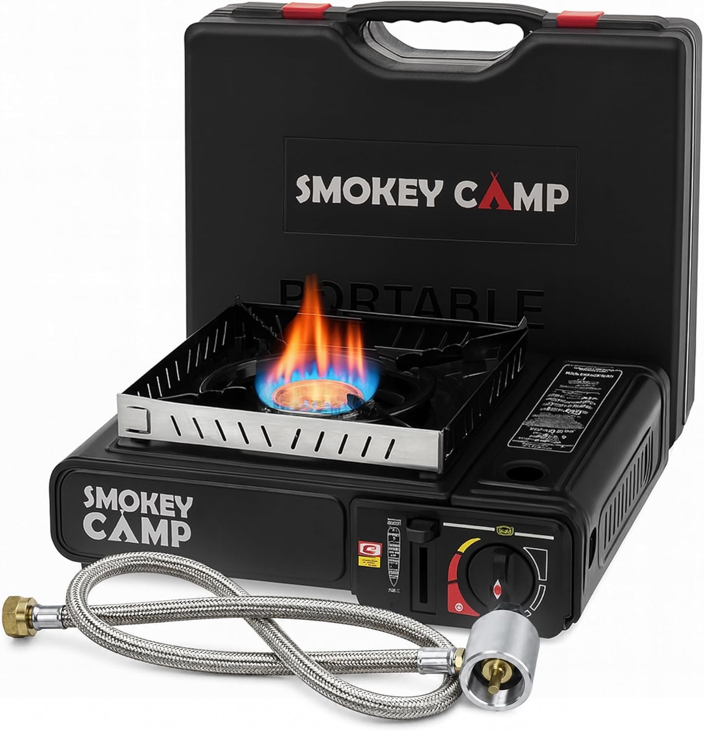 Portable Camping Stove, 3000W Dual Fuel Butane & Propane Gas Stove, Automatic Ignition, Adjustable Flame Control, Compact Backpacking Stove for Camping & Outdoor Cooking (with Adapter Pipe)