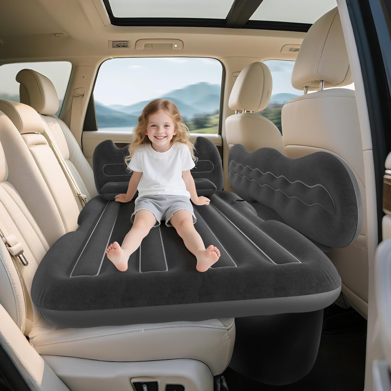 dessports SUV Air Mattress Inflatable Travel Bed: Foldable – Portable Car Inflatable Bed Camping & Road Trips – Thickened Car Air Mattress for Back Seat with Carry Bag & Cup Holder & 2 Pillows