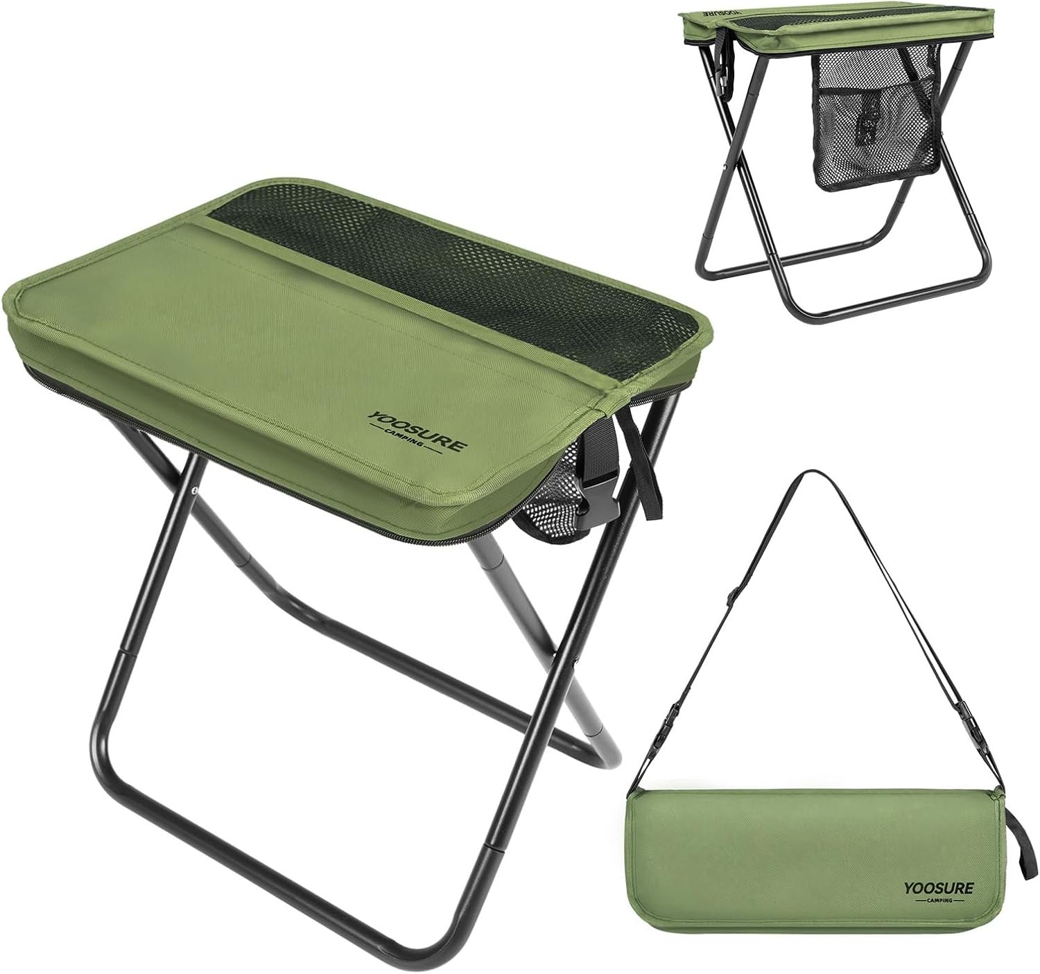 16″ Extra Tall Portable Folding Stool for Adults, X-Large Collapsible Camping Chair with 3 Storage Pockets, Heavy Duty Travel Seat for Fishing, Hiking, Gardening