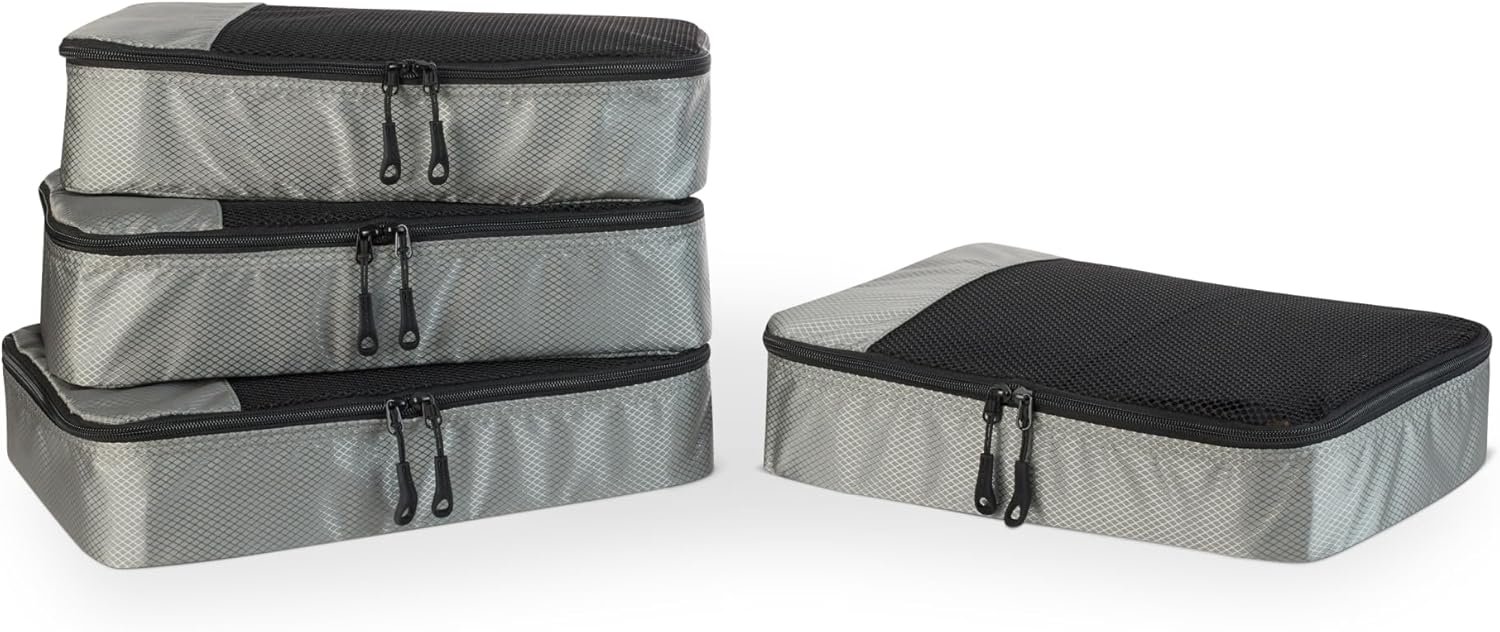Amazon Essentials 4-Piece Packing Cubes Travel Accessories Set, Space-Saving Luggage Organizer with Double Zipper, Mesh Top Panel, Medium, Gray (Previously Amazon Basics)