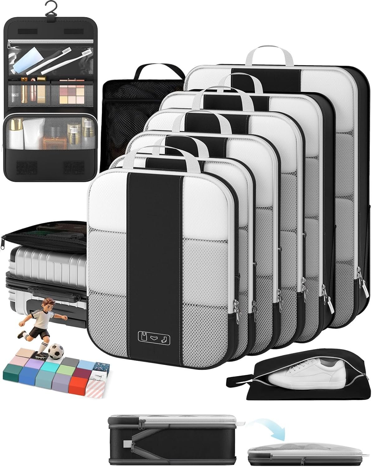 OlarHike 10 Set Compression Packing Cubes for Travel Essentials,Compressible Expandable Space Saver Bags for Organizing Clothes,Luggage Suitcase Garment Bags with Over 1000 pcs Mesh Holes(Black)