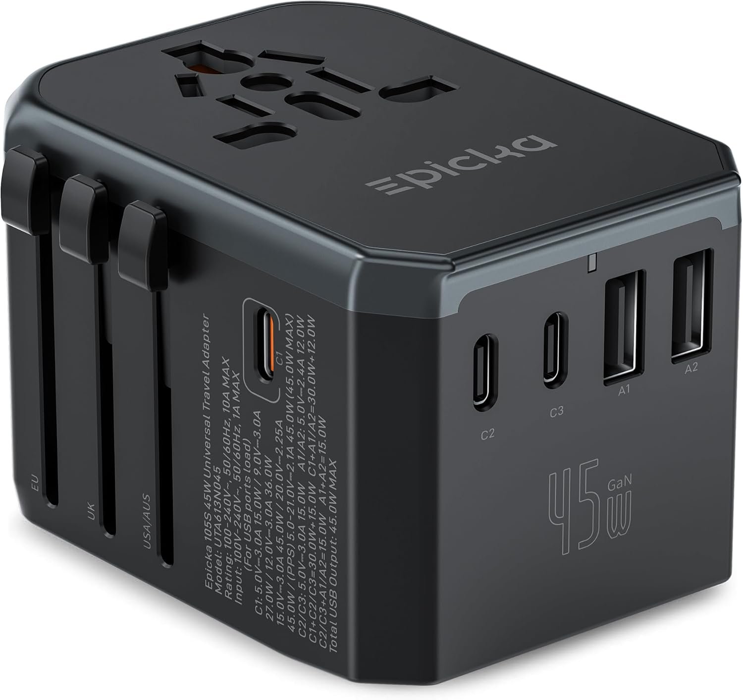 EPICKA Universal Travel Adapter GaN 45W, European Travel Plug Adapter with PD&QC Fast Charging(2 USB-A & 3 USB-C Ports) – Worldwide Travel Essentials, International Power Adapter for UK/US/AU (Black)