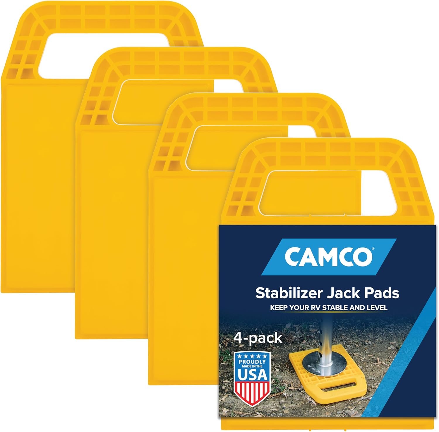 Camco RV Stabilizing Jack Pads – Features Interlocking Design & Includes Handy Strap for RV Storage and Organization – Molded of Strong UV Stabilized Polypropylene – 4-Pack (44595)