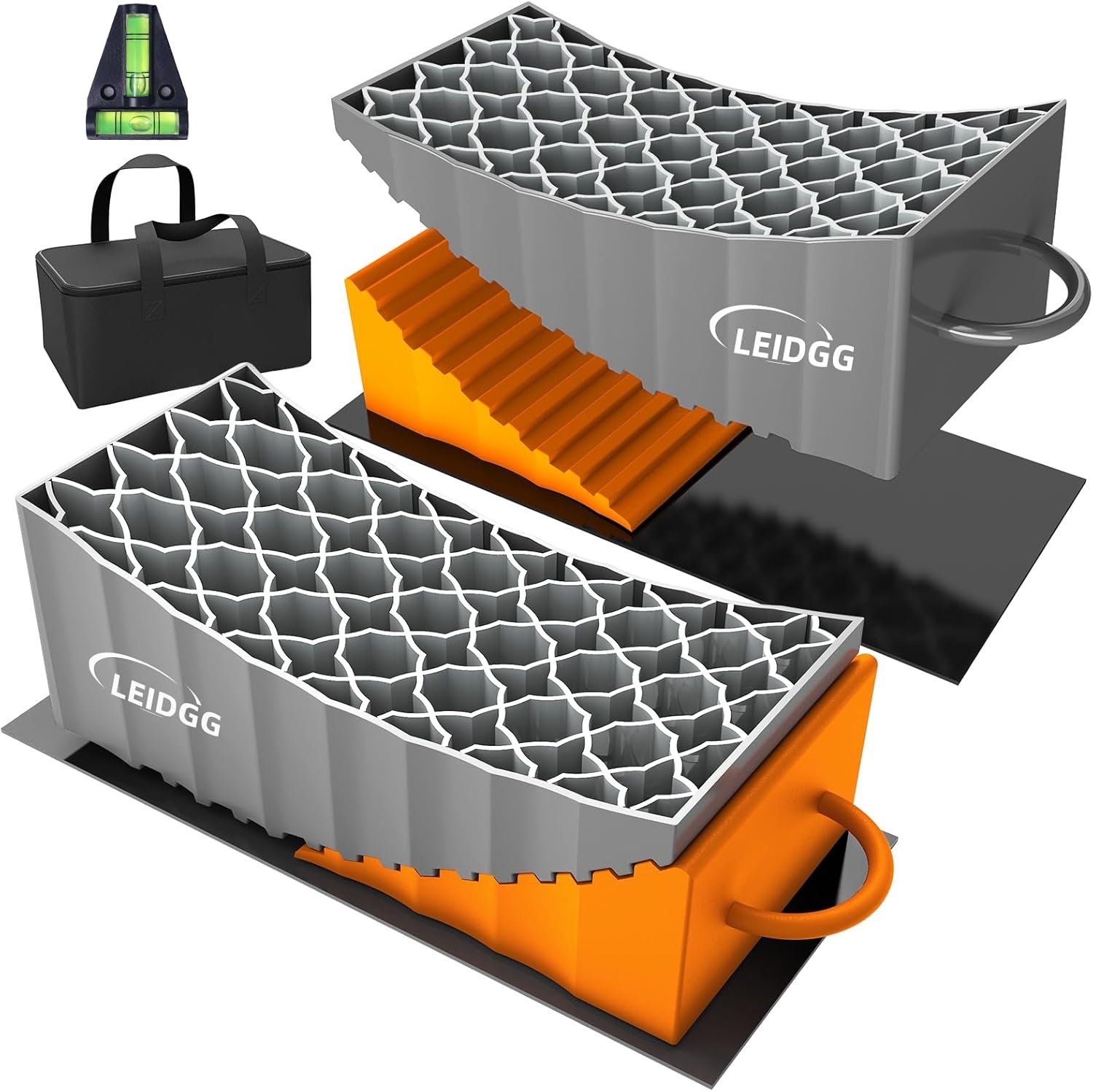 RV Leveling Blocks with Handles, 35000 LBS Load Capacity, Adjustable 0.5″ to 4.7″ Heavy Duty PP Camper Leveler for Travel Trailer, RV, Truck with Level & Carry Bag
