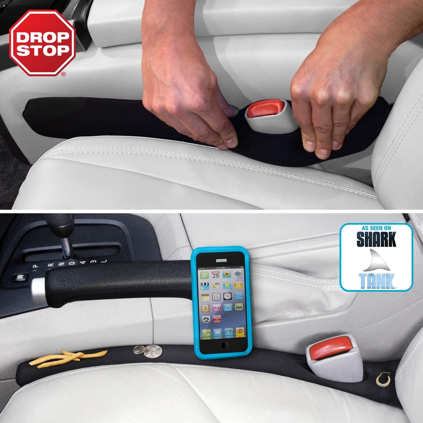 Drop Stop – The Original Patented Car Seat Gap Filler (AS SEEN ON Shark Tank) – Set of 2 and Slide Free Pad and Light