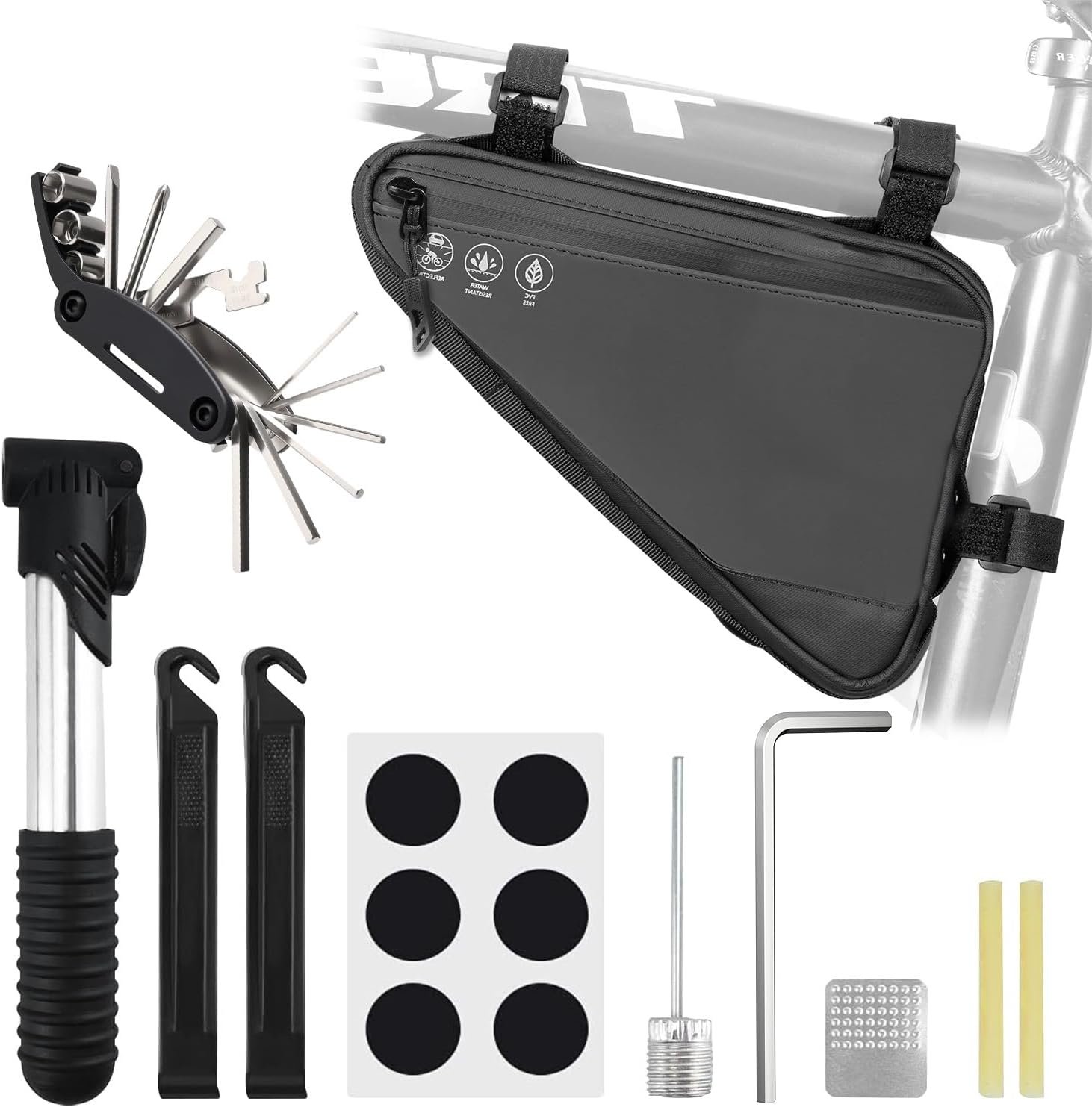 2L Bike Frame Storage Bag with Water Resistant Reflective ,Bike Tire Repair Tool Kit,Mini Bike Pump,16 in 1 Multitool & Bicycle Tyre Lever Patch Repair Tool Accessories Set for Mountain Road Bike, MTB