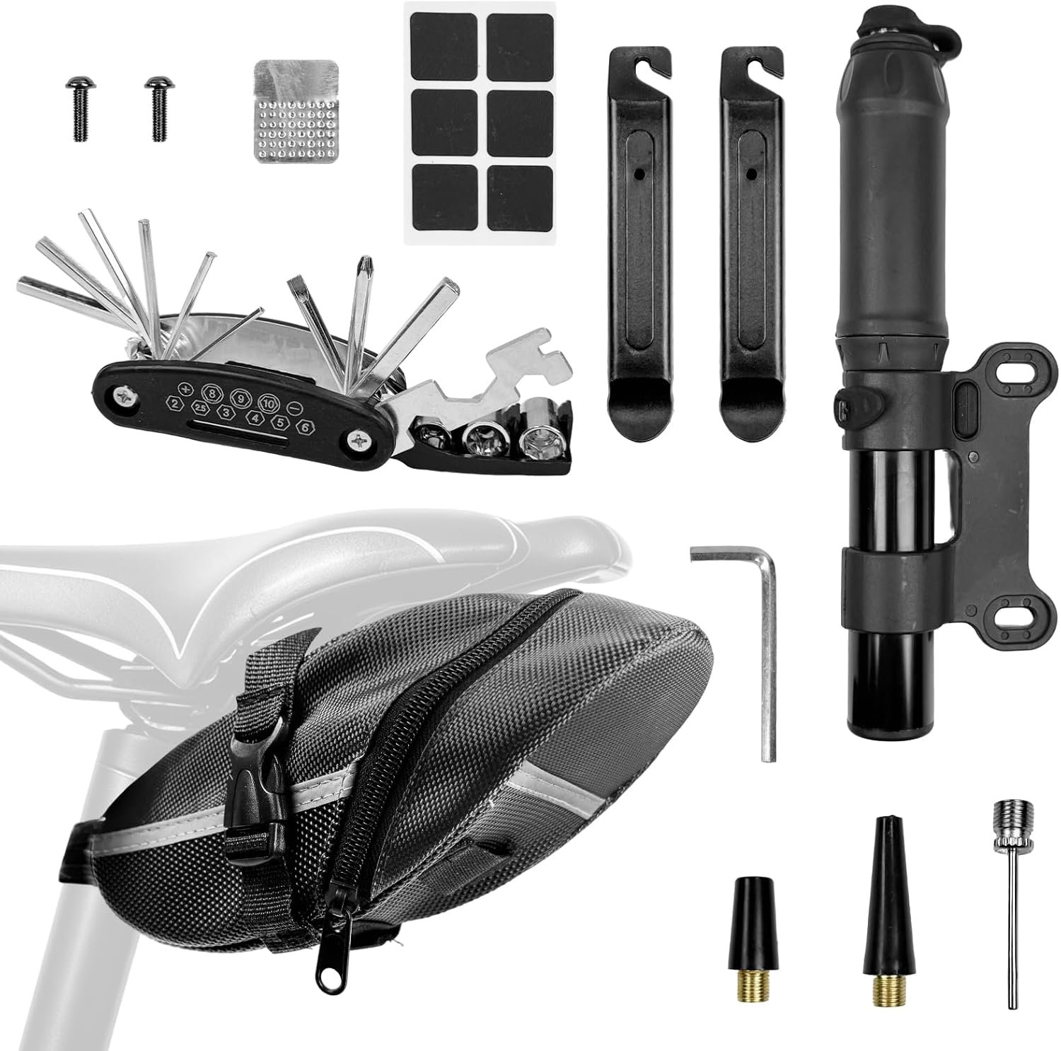 Bicycle Seat Bag Water Proof with Bike Tool Kit, Bike Repair Kit with Bike Tire Pump Bicycle Repair Bag Portable Wrenches Glueless Tire Patchs 15 in 1