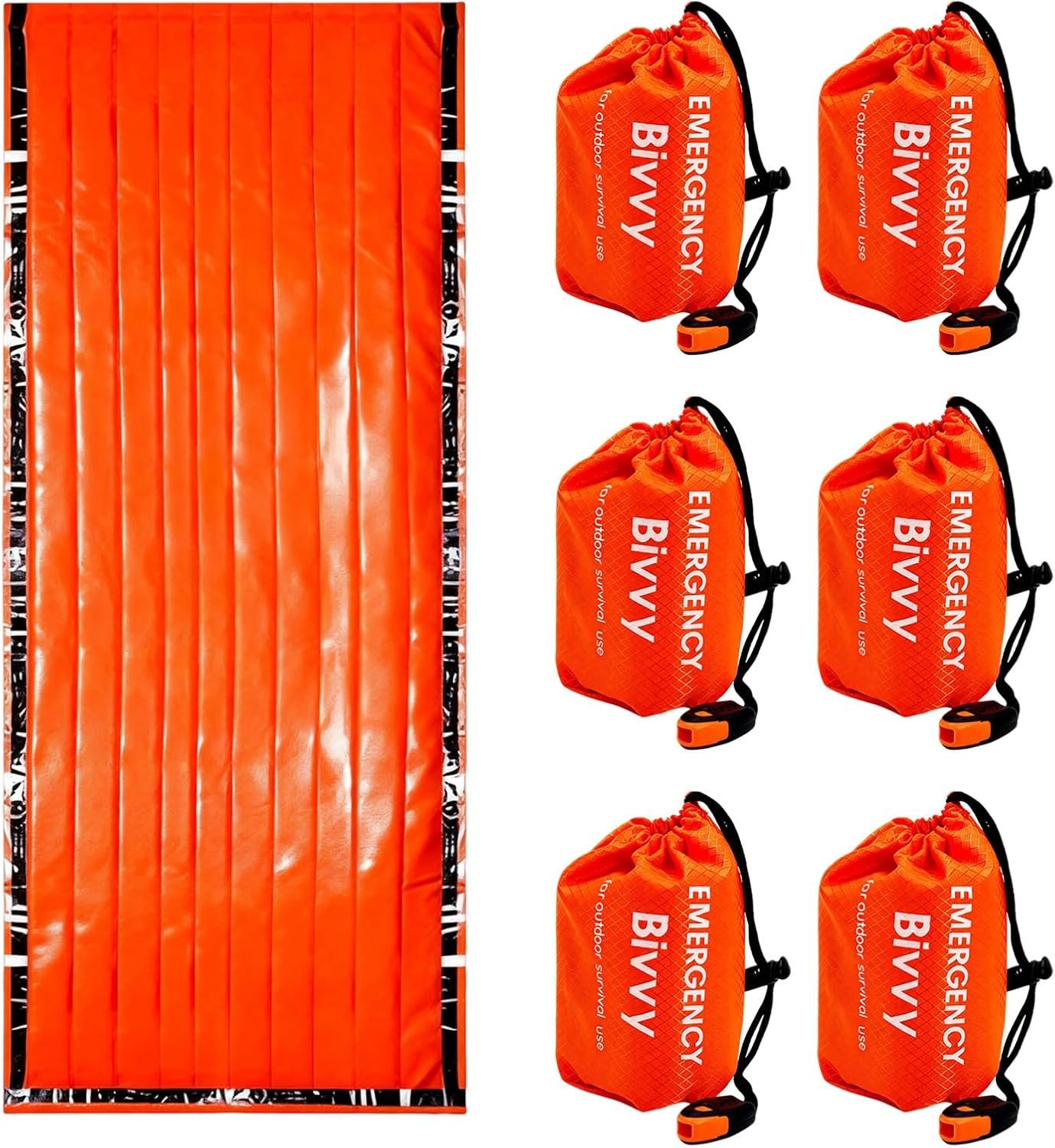 6PCS Emergency Sleeping Bag, PE Emergency Bivy Sack Survival Bag with Whistle Waterproof Mylar Thermal Bivy Sack Tent Survival Sleeping Shelter for Camping Hiking Outdoor