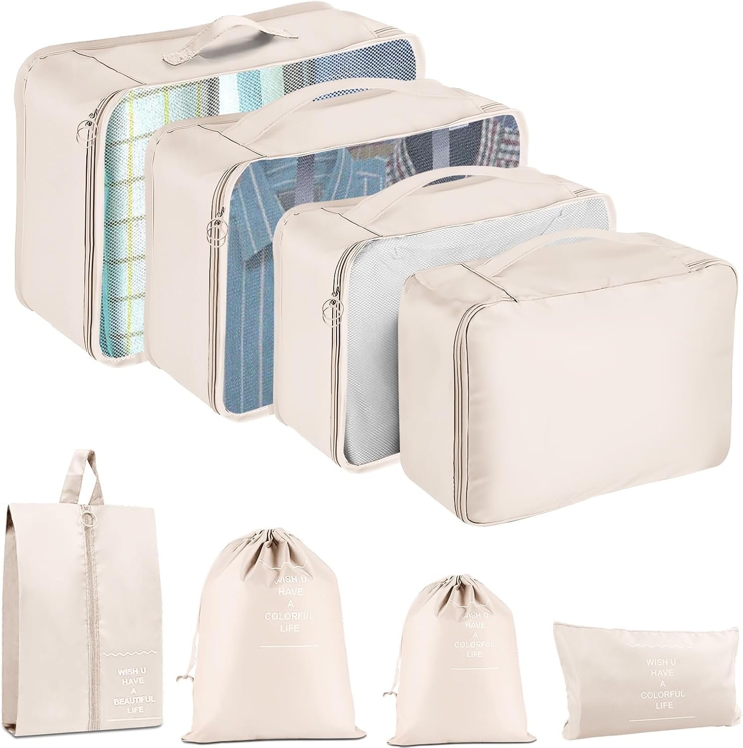 Packing Cubes for Travel- 8 Set Luggage Organizer Bags for Family, Mesh Breathable Travel Packing Cubes for Suitcases Durable Travel Essentials Bags Set (Beige, 8 Set)