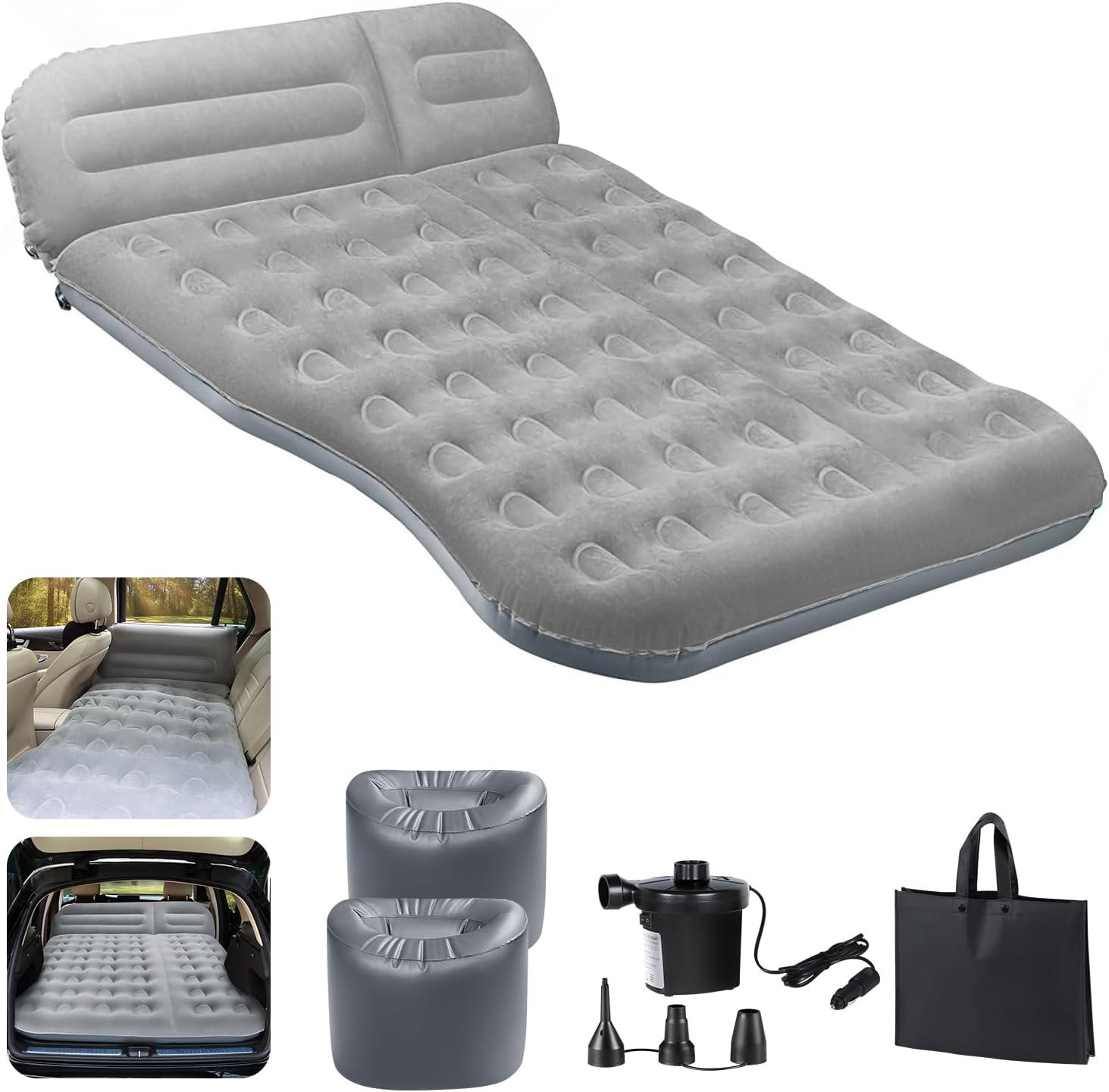 SUV Air Mattress – Thickened 6″ Inflatable Car Bed with Electric Pump, 2 Foot Pedals & Carry Bag, Flocked Back Seat Mattress for Trunk – Portable Car Camping Mattress (Gray)