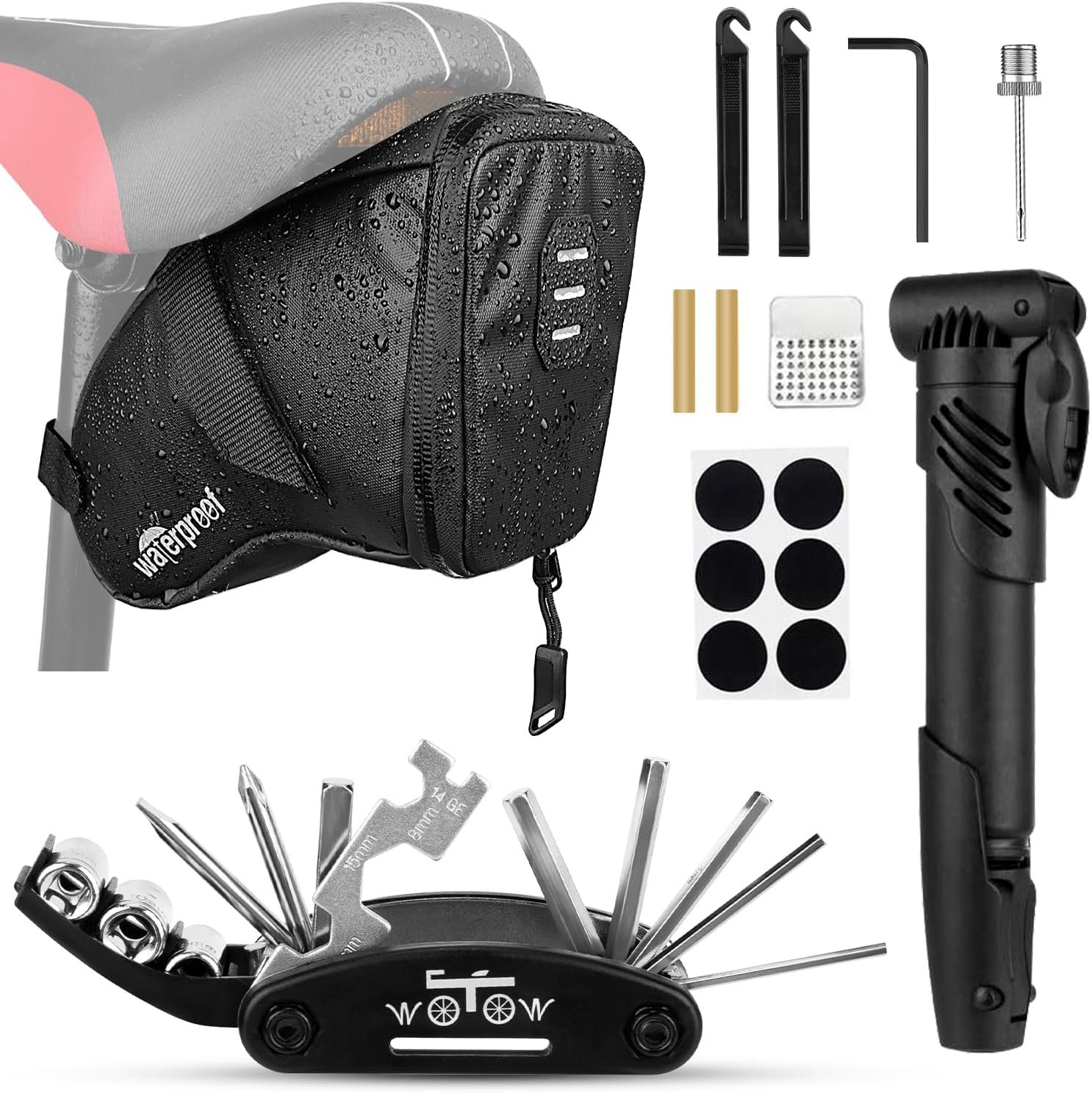 WOTOW Bike Tyre Repair Kits, Waterproof Bicycle Saddle Bag & 120 Psi Mini Pump & Multifunctional Bike Tyre Lever & Self Adhesive Patch Portable Repair Cycling Tool Set for Riding Mountain BMX