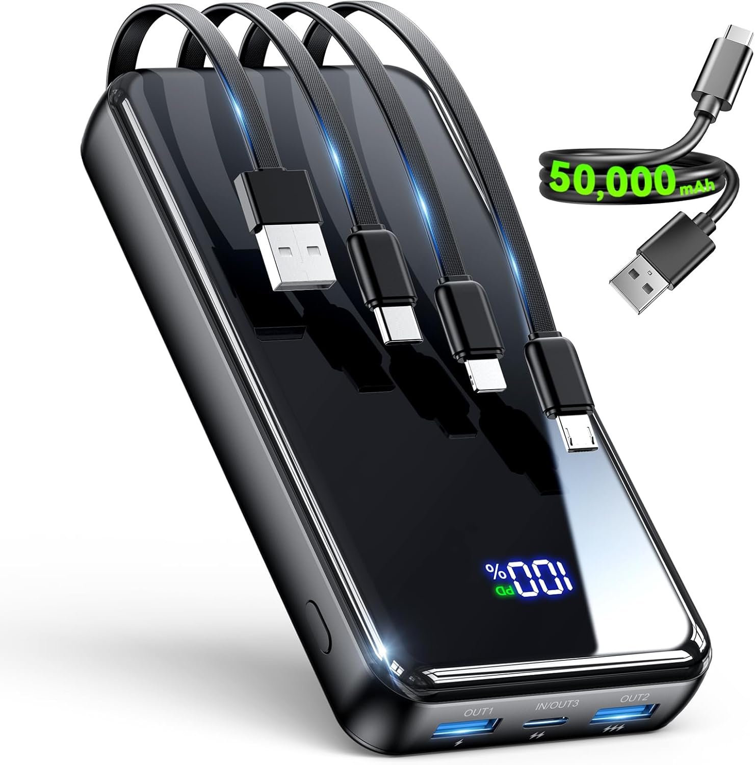 Portable Charger,50000mAh Power Bank Built-in Cable, 22.5W PD USB C In & Out Fast Charging, External Battery Pack with 6 Output & 2 Input, Travel Phone Charger for iPhone 17/16/15/14/13/12(Black)