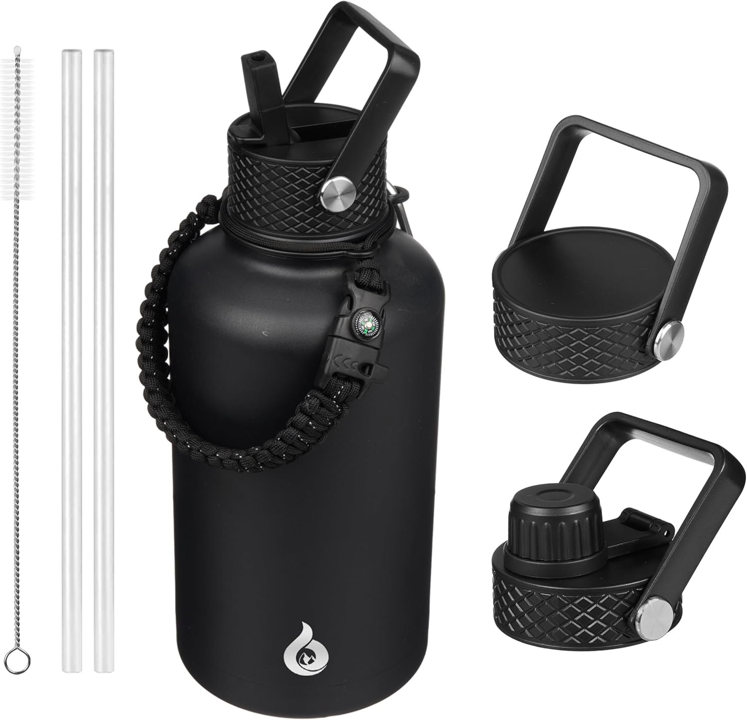 BJPKPK Half Gallon Insulated Water Bottles with Straw Lid, 64oz Large Water Jug, Stainless Steel Bottles with 3 Lids and Paracord Handle, Thermo for Hot & Cold Liquid, Black
