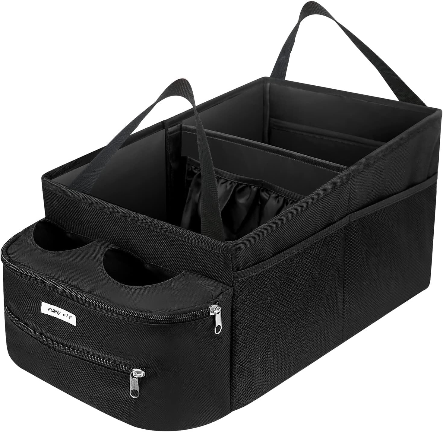 FUNNy elf Passenger Seat Organizer, Collapsible Car Storage with Partitions & 4 Cup Holders for Front or Back Seat