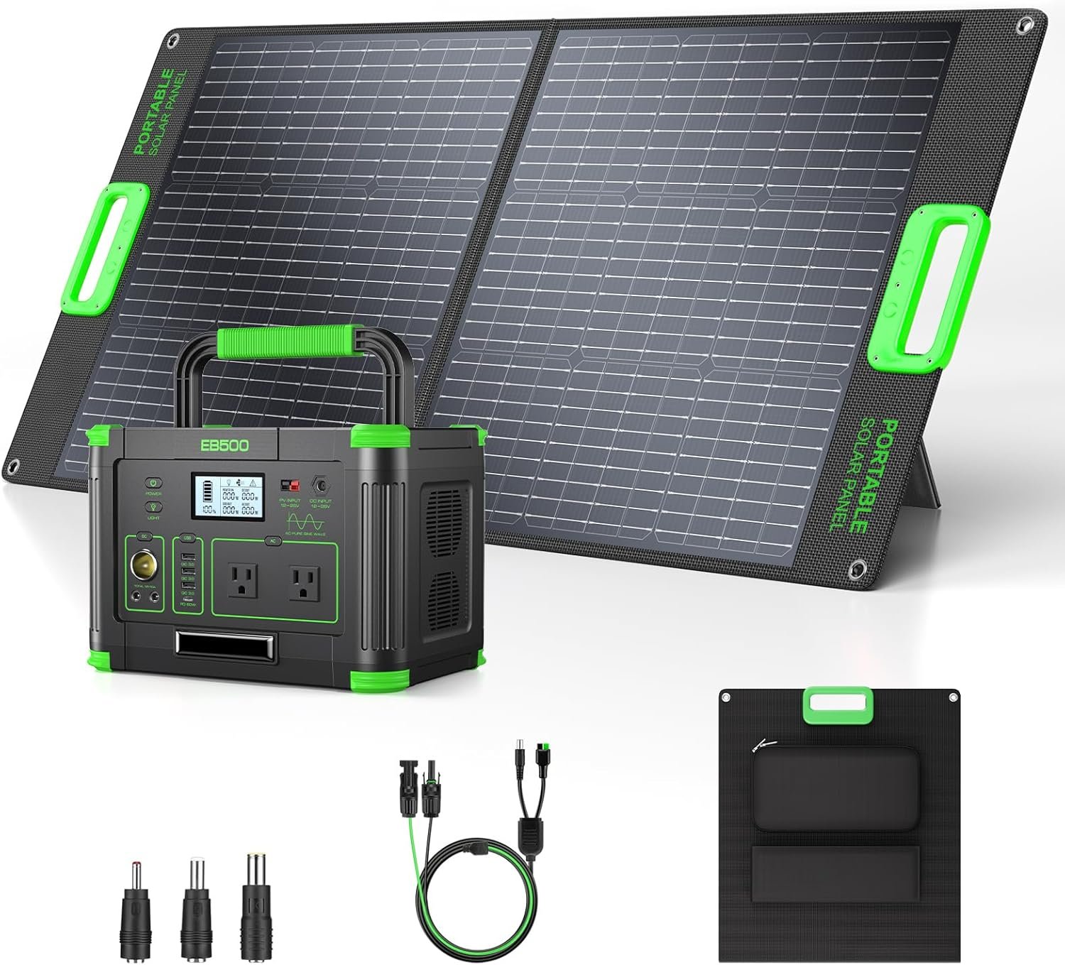 500W Portable Power Station with 100W Solar Panel, 519.48Wh Solar Generator Kit with 60W USB-C PD Output, 120V Pure Sine Wave AC Outlet Backup Lithium Battery for Outdoors Camping Travel Emergency