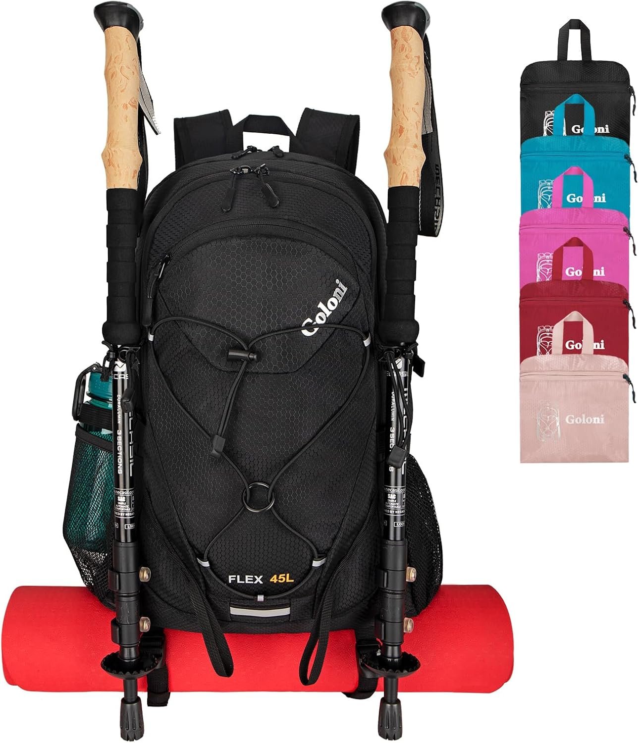 Goloni 45L Hiking Backpack Lightweight Foldable, Waterproof Camping Backpack with Rain Cover & Hiking Pole Mat Carrying System, Ergonomic Water Resistant Daypack for Trekking Travel Men Women,Black