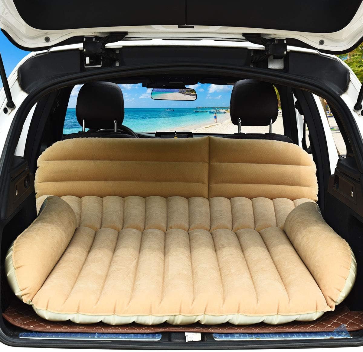 Goplus Car Bed, Air Mattress Back Seat with Pillow, Flocking Surface, Electric Air Pump, Repair Kit, Inflatable SUV Truck Bed Mattress for Traveling, Camping, Sleeping, Yellow