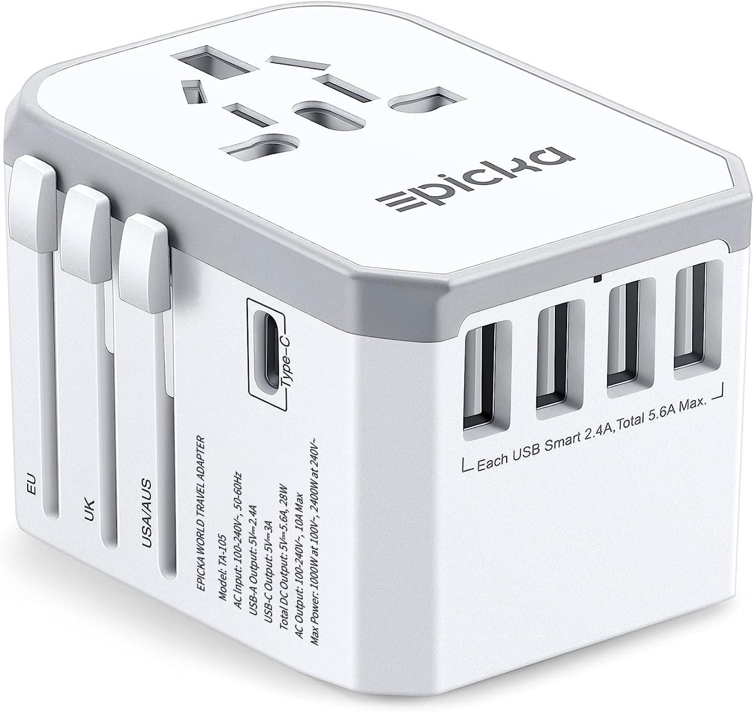 EPICKA Universal Travel Adapter, European Travel Plug Adapter – International Power Adapter Worldwide Charger with USB-C & 4 USB-A Ports, Travel Essentials for Italy, Japan, Europe, UK (TA-105, White)