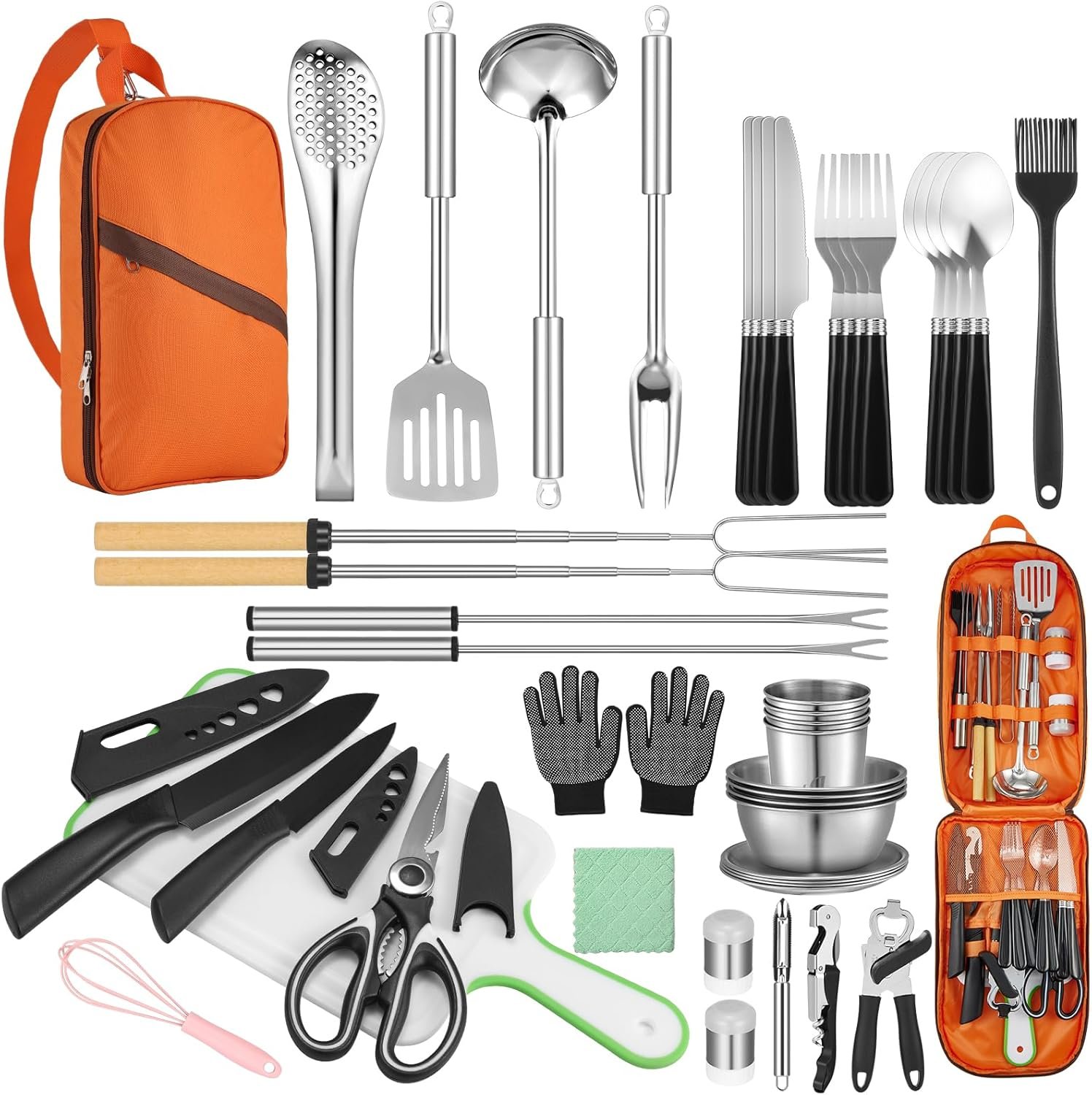 Hozzen Camping Cooking Set – Camping Utensil Set Car Camping Cooking Essentials Gear for Camp Kitchen Cooking and Grilling, Stainless Steel & Silicone Ideal Gift for RV Tent Camper, Picnics, BBQs