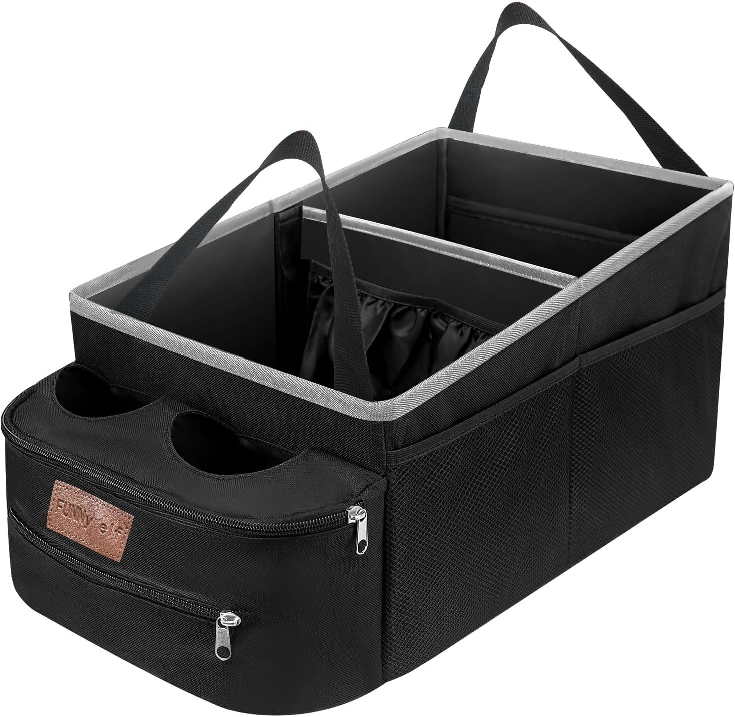 FUNNy elf Car Seat Organizer – Passenger Seat Organizer, Collapsible Car Storage with Partitions & 4 Cup Holders for Front Seat or Back Seat (white)