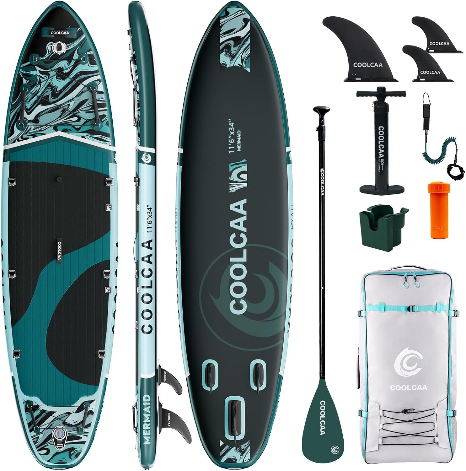 COOLCAA Extra Wide Inflatable Paddle Board, 490lbs Capacity Stable SUP for Family, Beginners & Dogs, Fishing Paddle Board with Premium Accessories, Backpack & Pump