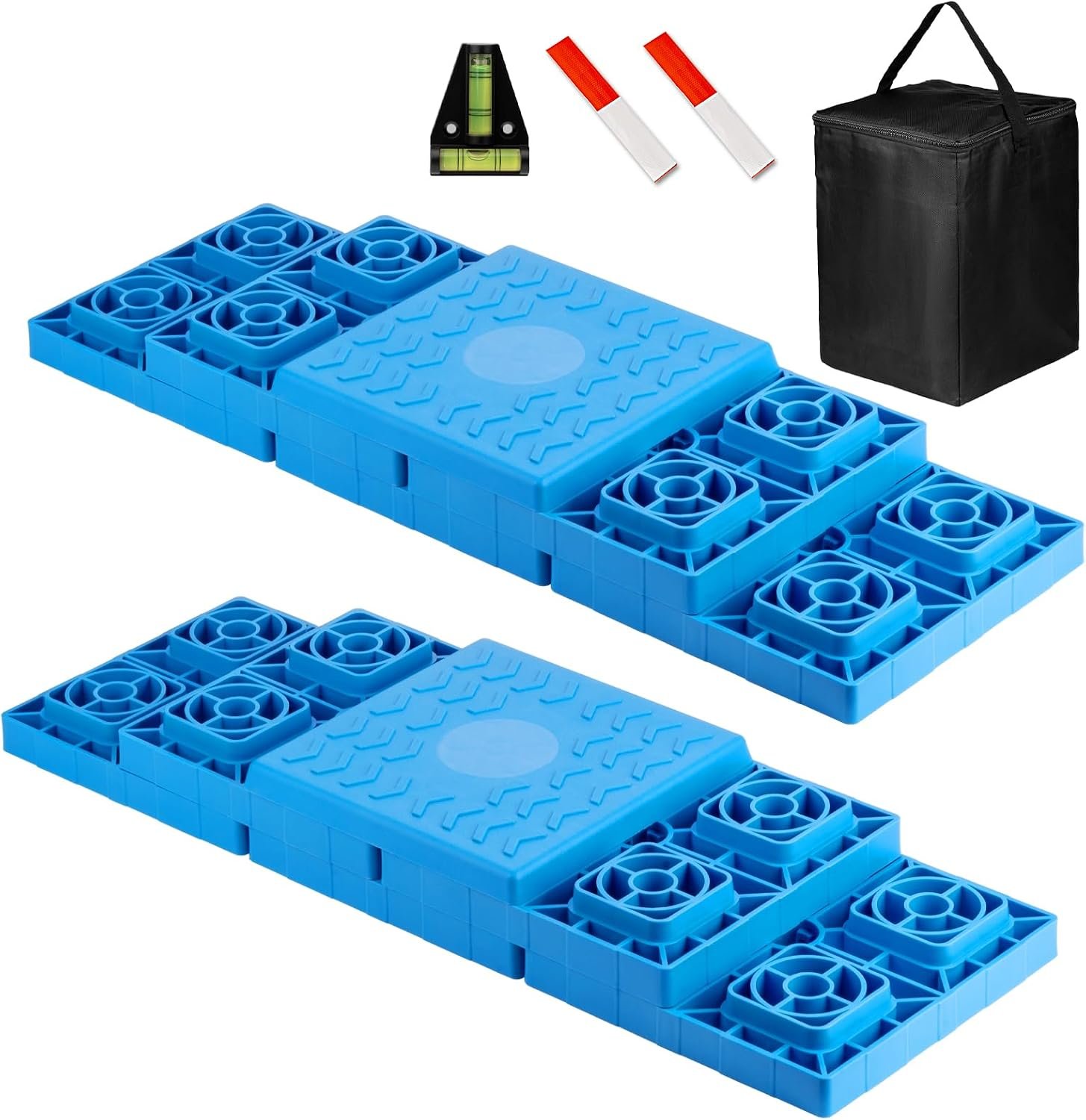 RV Leveling Blocks – 12 Pack Heavy Duty Camper Leveling Blocks with Handbag and T-Shaped Bubble Level – Anti-Slip Design Stabilizer Jack Pads for Camper Travel Trailer