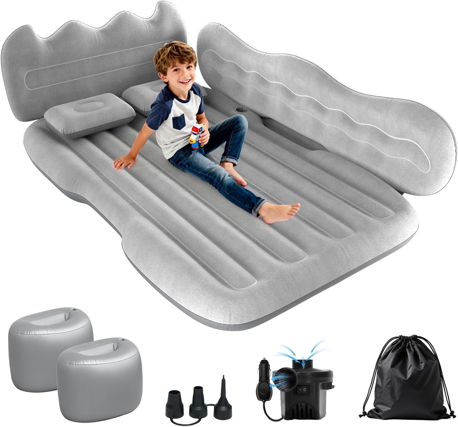 Thickened Inflatable Car Mattress for Back Seat – SUV Air Mattress Bed for Camping & Road Trips, Portable Car Blow Up Mattress with Cup Holder, 2 Pillows & Carry Bag – Grey