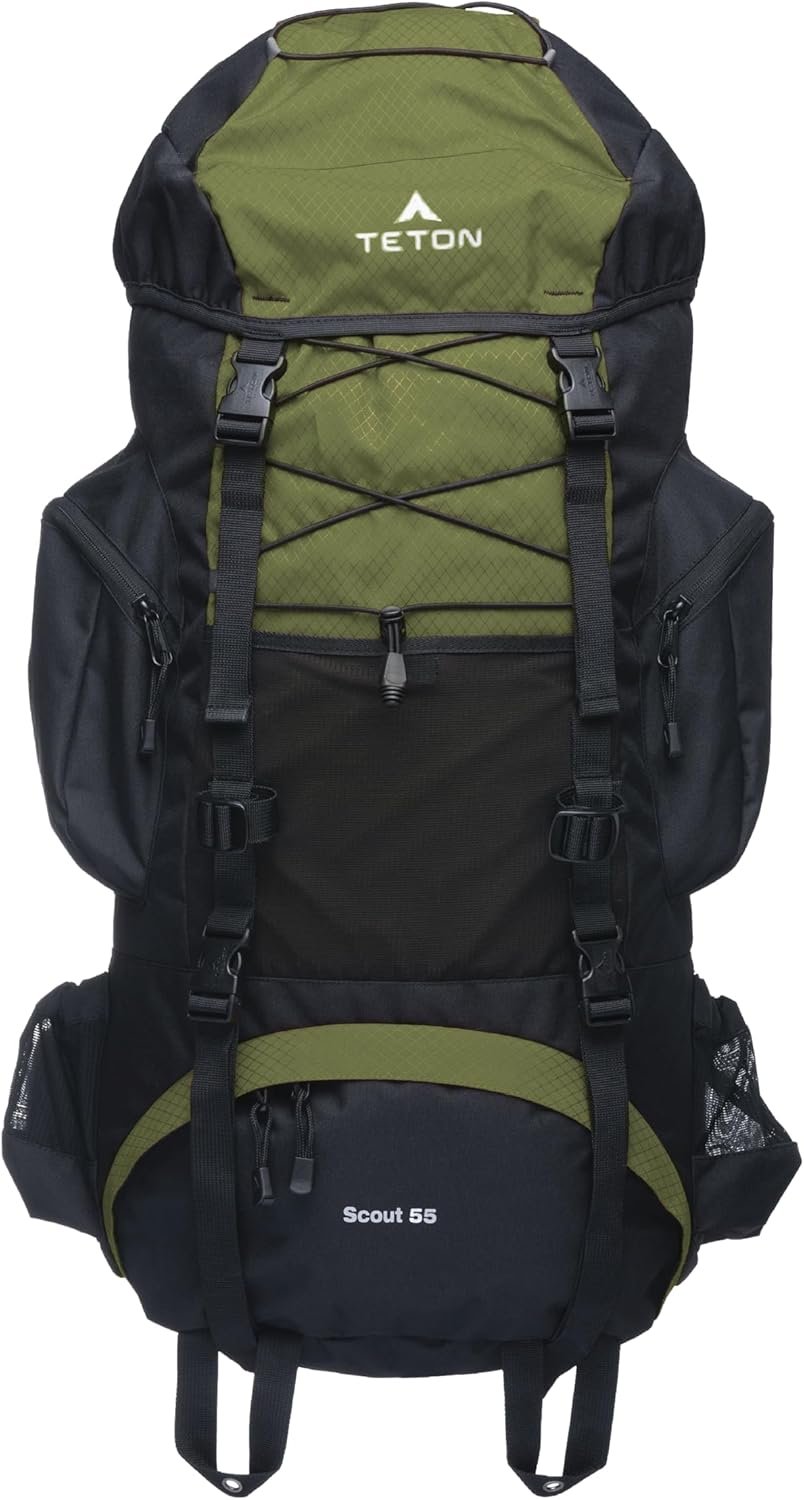 Teton 55L Scout Internal Frame Backpack for Hiking, Camping, Backpacking, Travel, Rain Cover Included, Olive