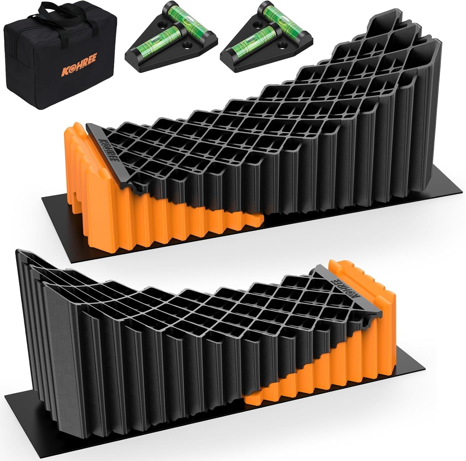 Kohree RV Leveling Blocks, Levels Up to 5″, Supports Up to 50,000 lbs, Curved Camper Levelers with Wheel Chocks, Rubber Mats & Carry Bag for Travel Trailers & Fifth Wheels, Orange